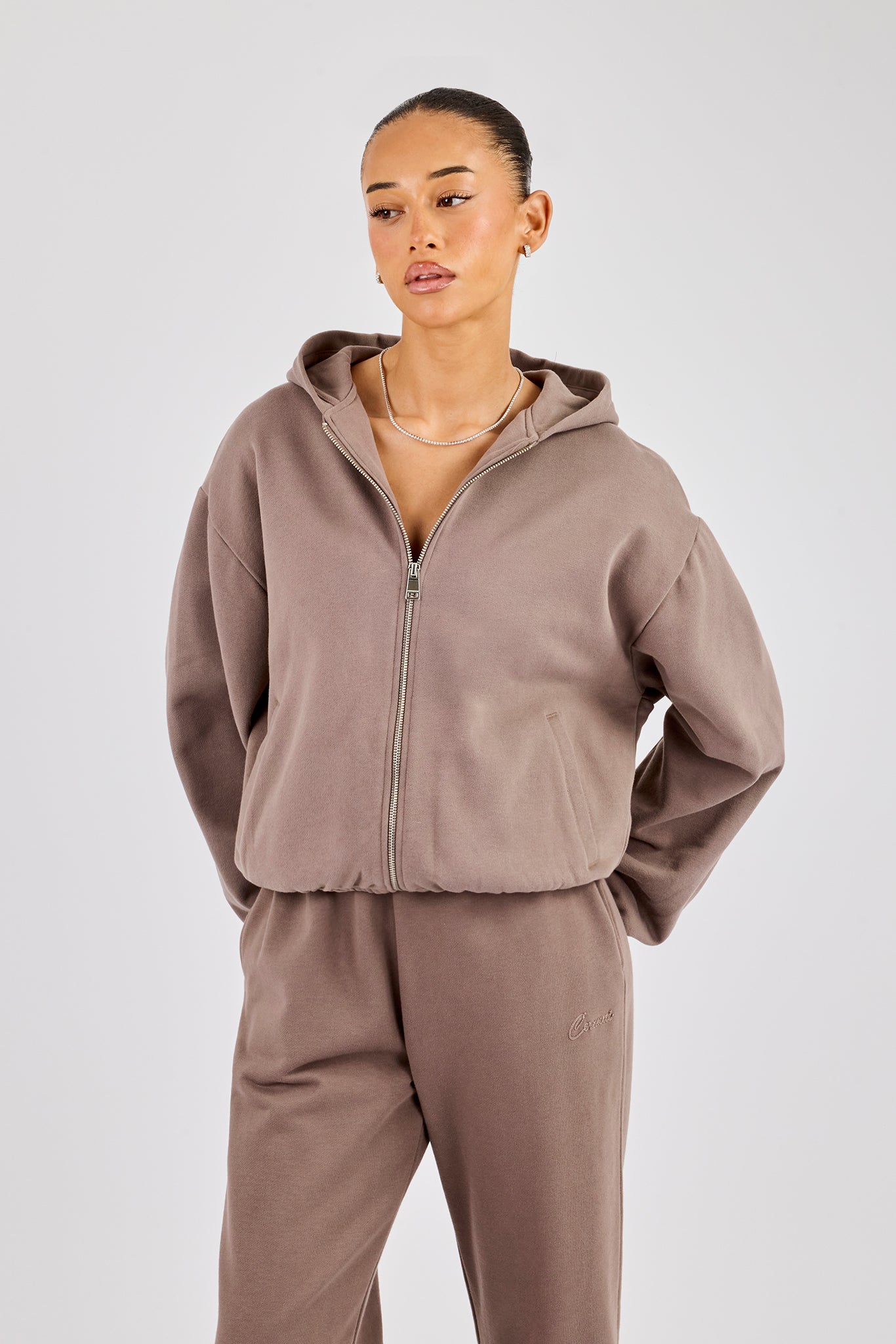 Towelling Applique Zip Hoodie - Taupe