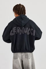 Oversized Zip Front Towelling Applique Hoodie - Black