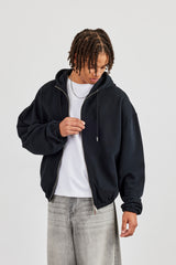 Oversized Zip Front Towelling Applique Hoodie - Black