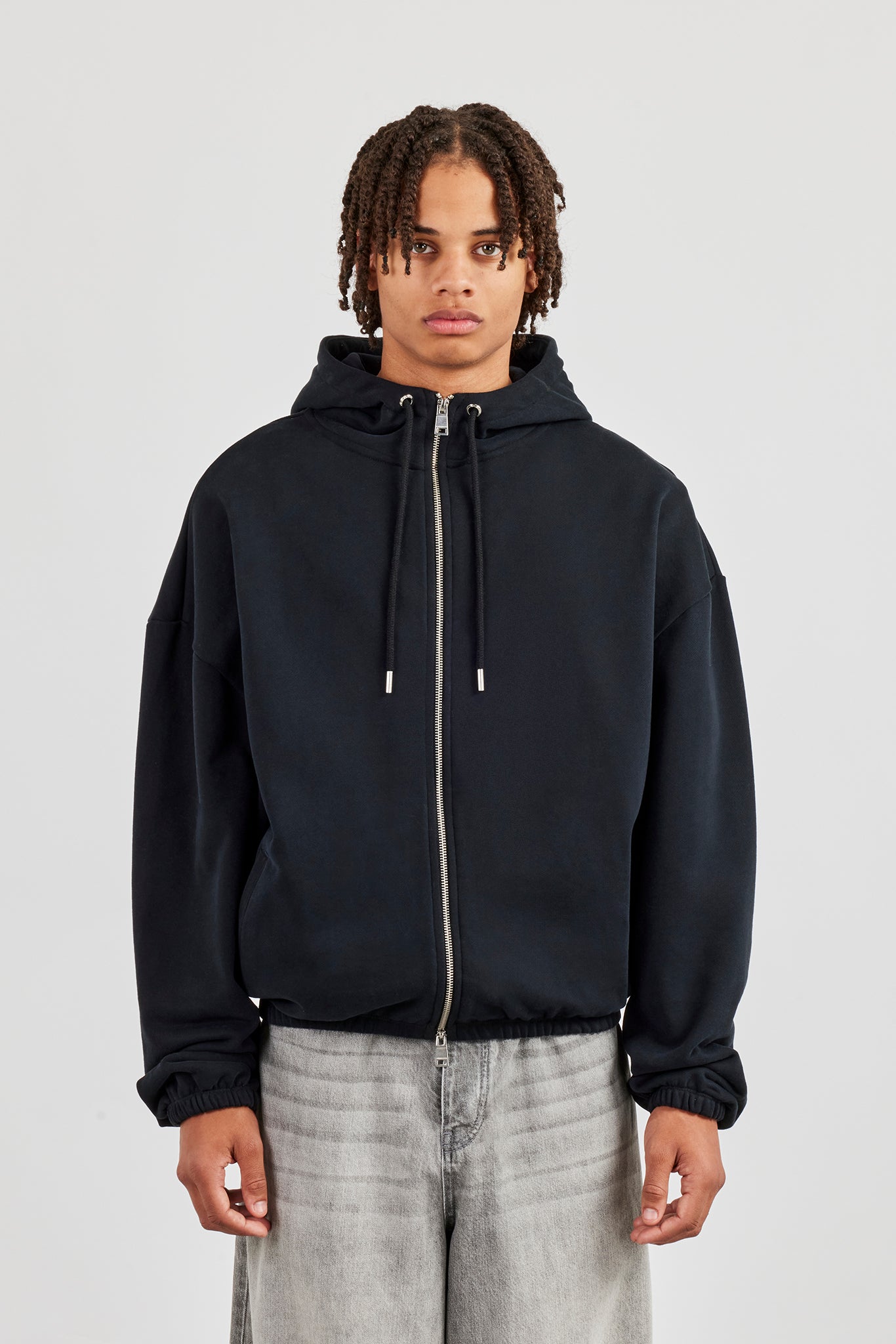 Oversized Zip Front Towelling Applique Hoodie - Black