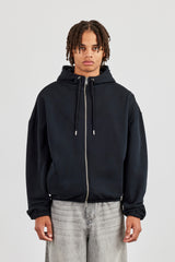 Oversized Zip Front Towelling Applique Hoodie - Black