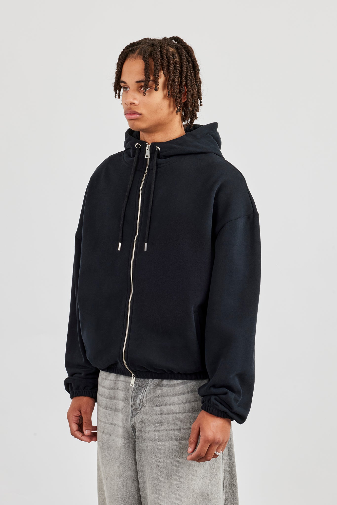 Oversized Zip Front Towelling Applique Hoodie - Black