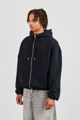 Oversized Zip Front Towelling Applique Hoodie - Black