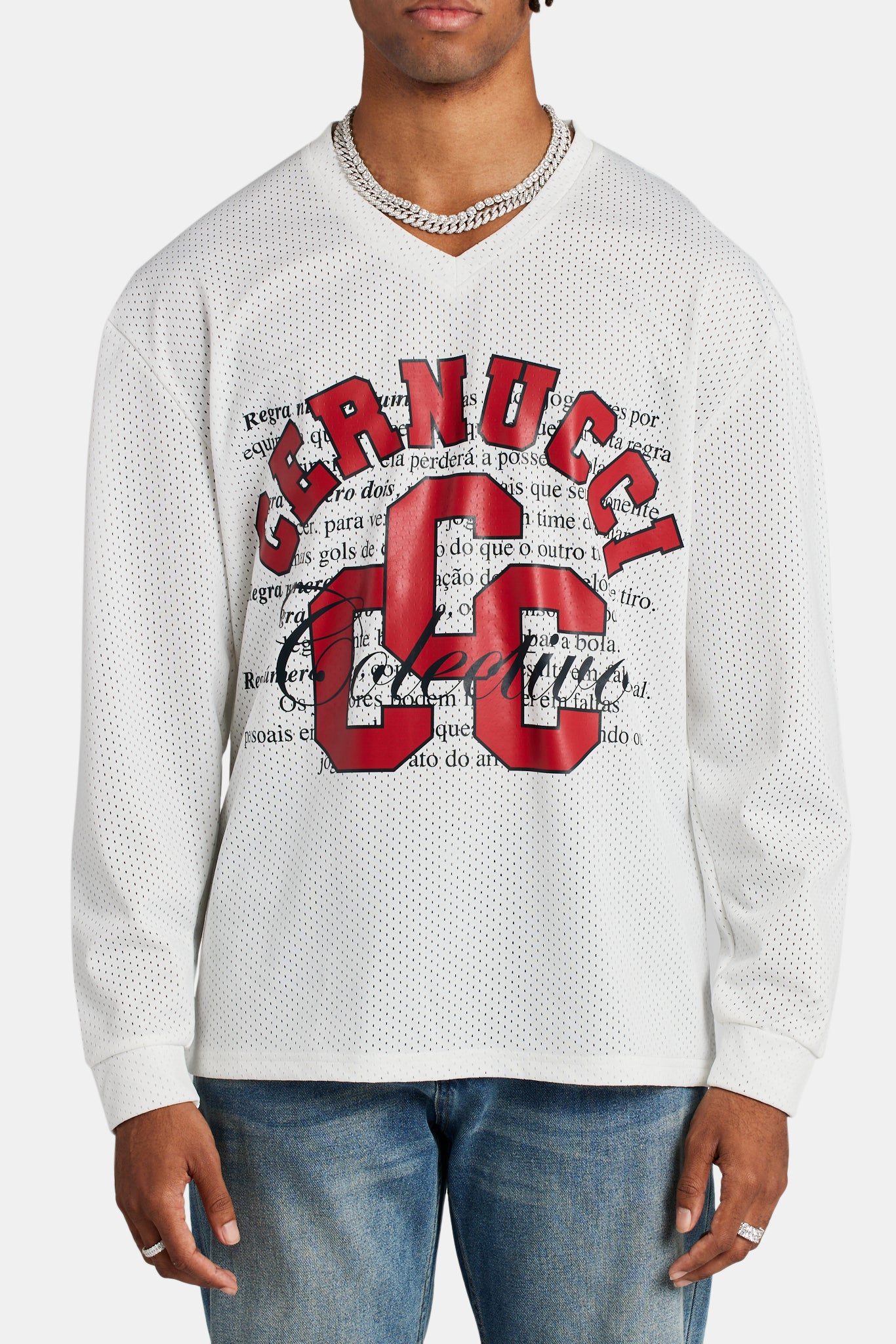 CCC Mesh Long Sleeve Varsity Top - White | Mens Tops | Shop T-Shirts at ...