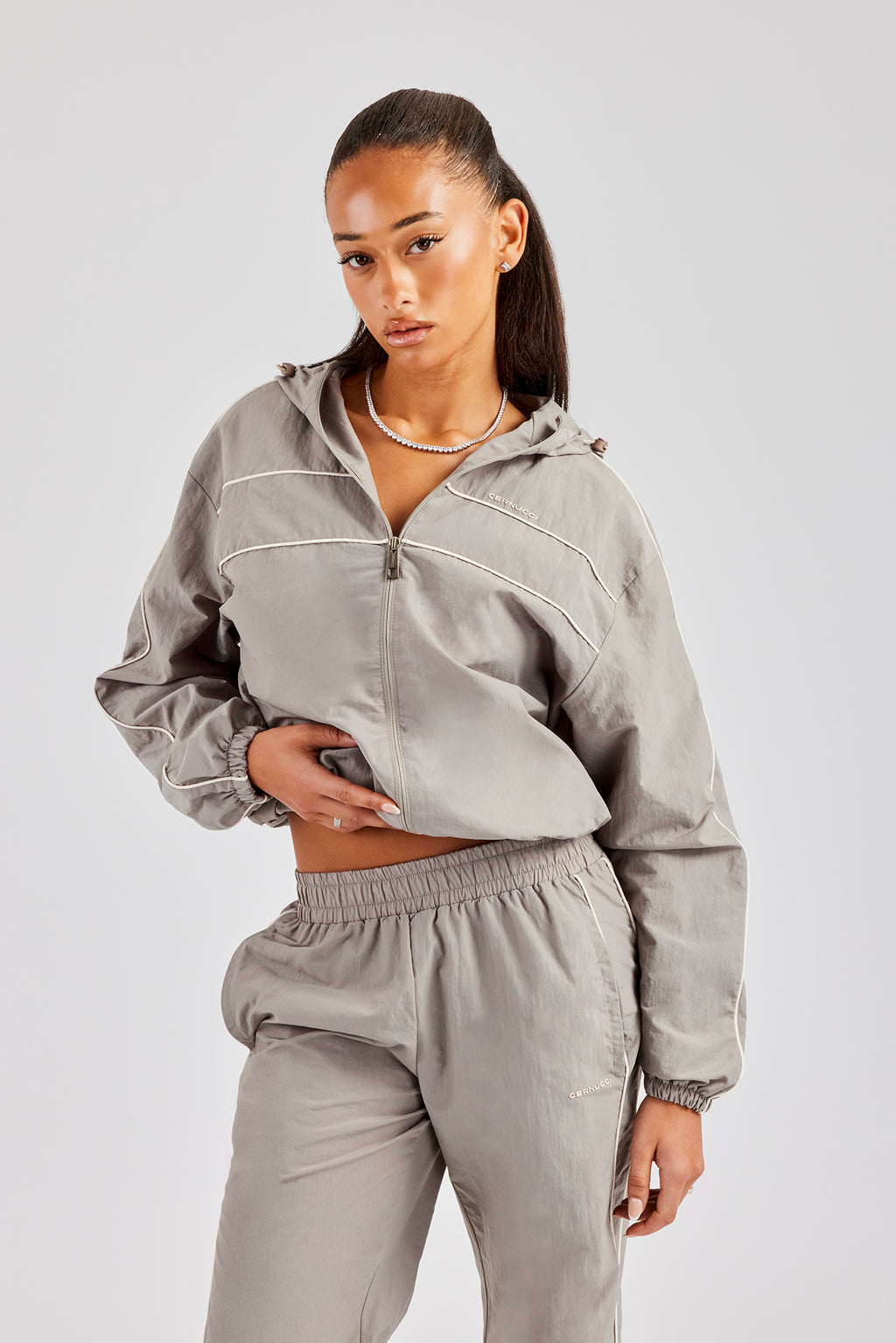 Nylon Full Zip Through Hooded Jacket Light Grey Womens Outerwear