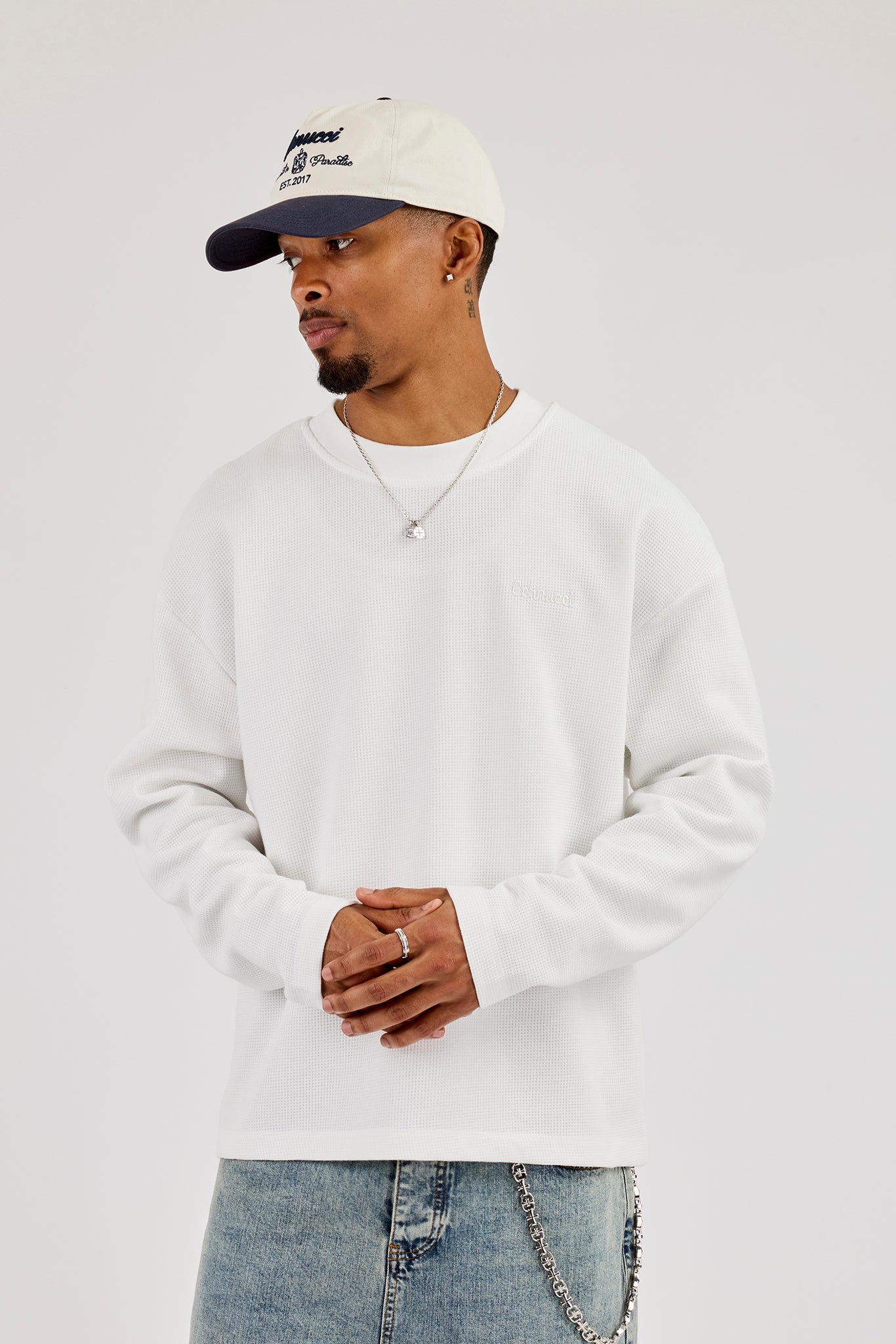 Long Sleeve Waffle Embroidered T-Shirt - Off White | Mens Tees