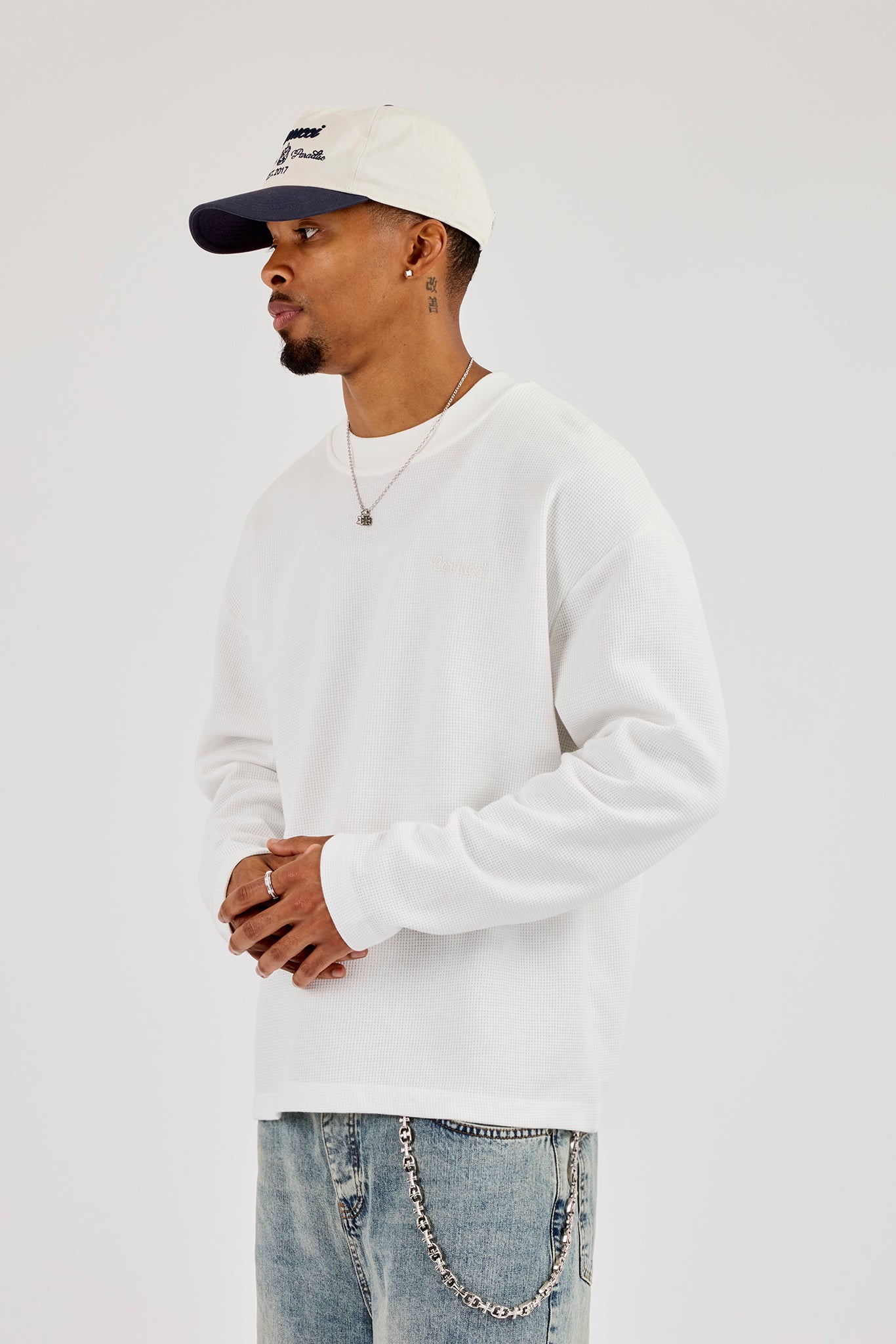 Long Sleeve Waffle Embroidered Boxy T-Shirt - Off White