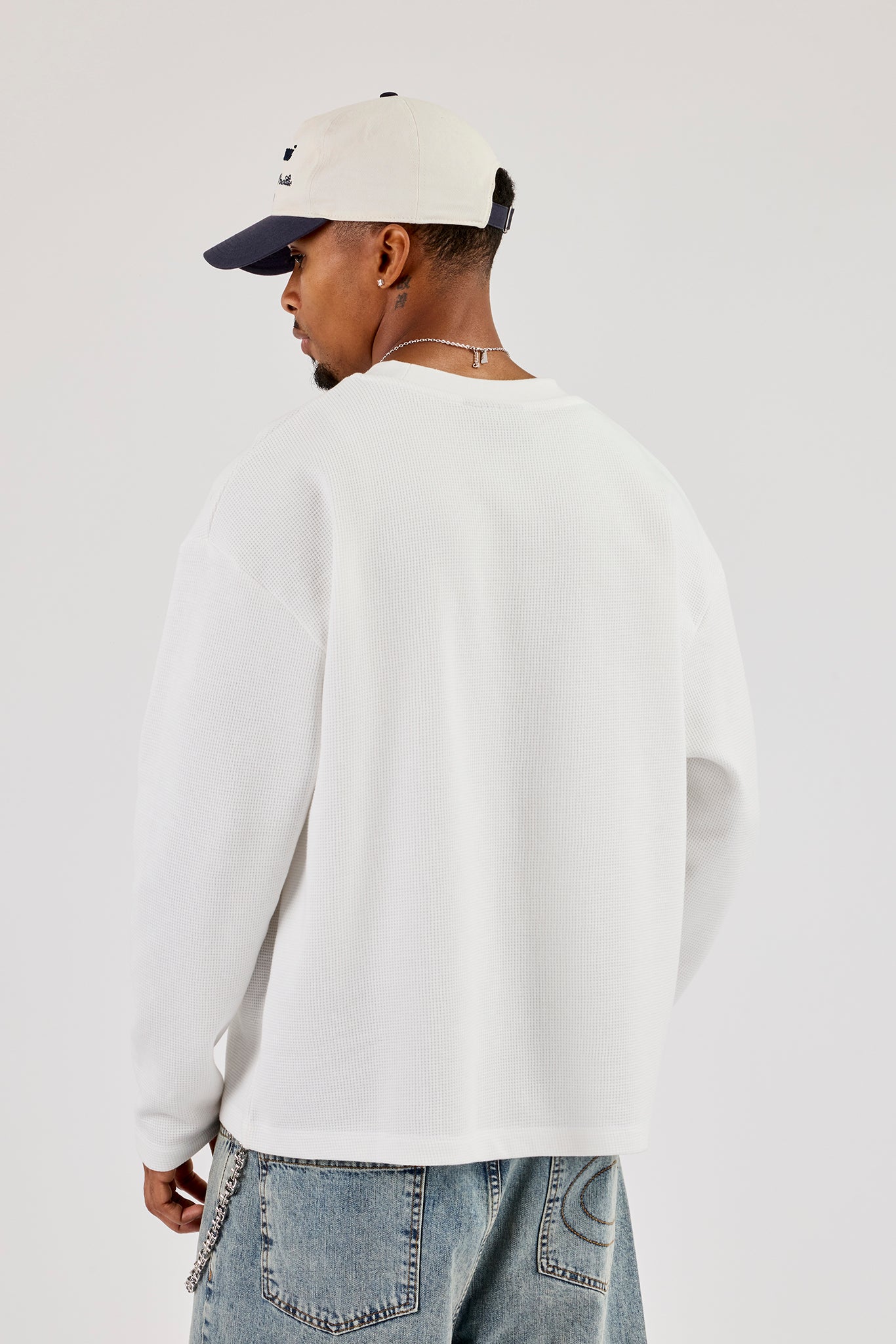 Long Sleeve Waffle Embroidered T-Shirt - Off White | Mens Tees