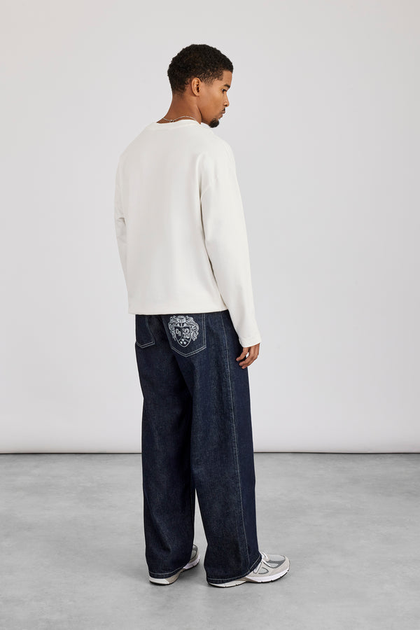 Contrast Stitch Crest Baggy Jean - Indigo
