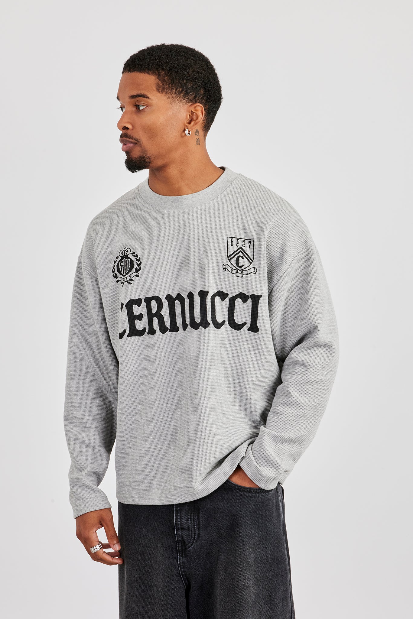 Langärmliges Waffelmuster-T-Shirt – Grau