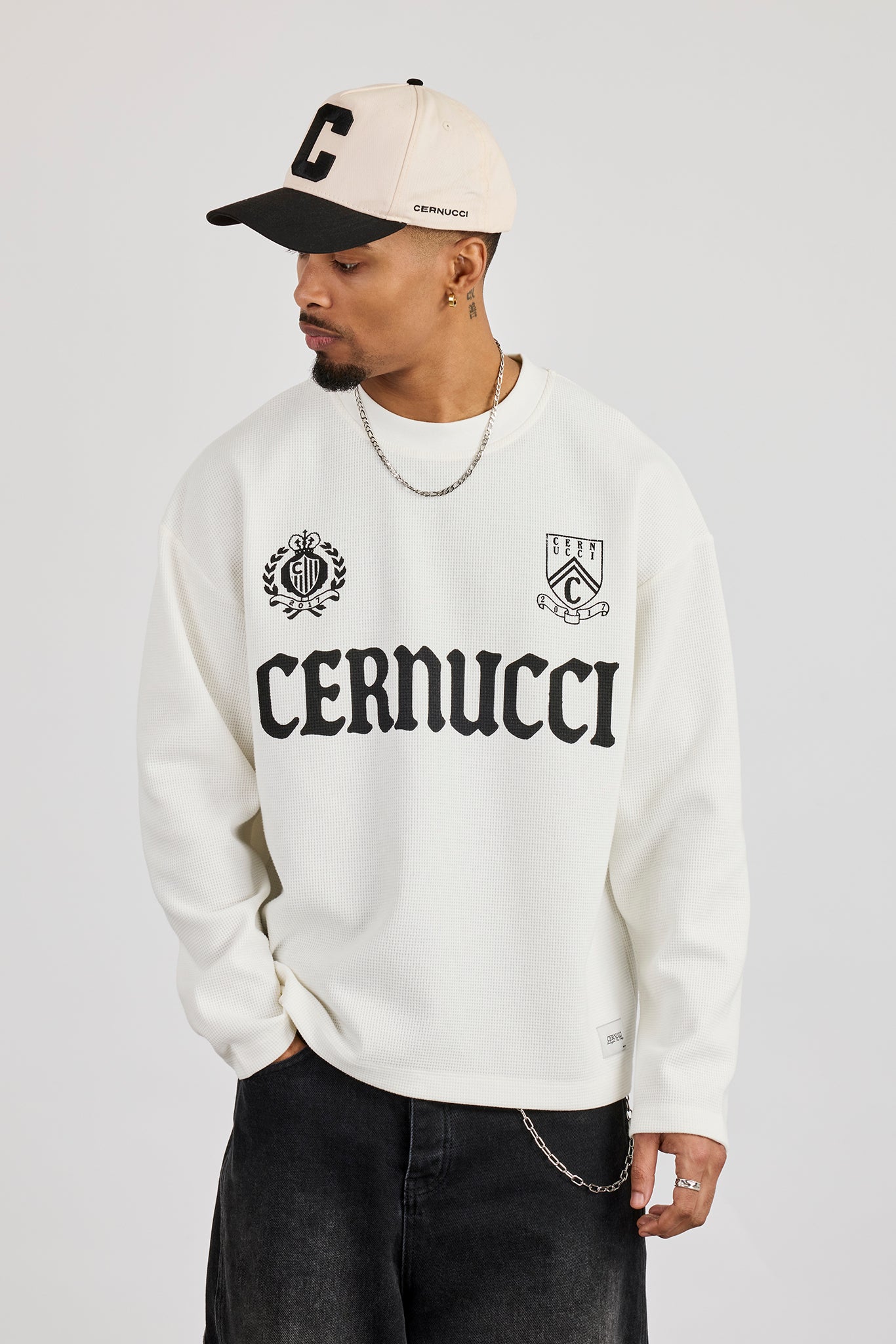 Long Sleeve Waffle Print T-Shirt - Off White | Mens Tees & Vests