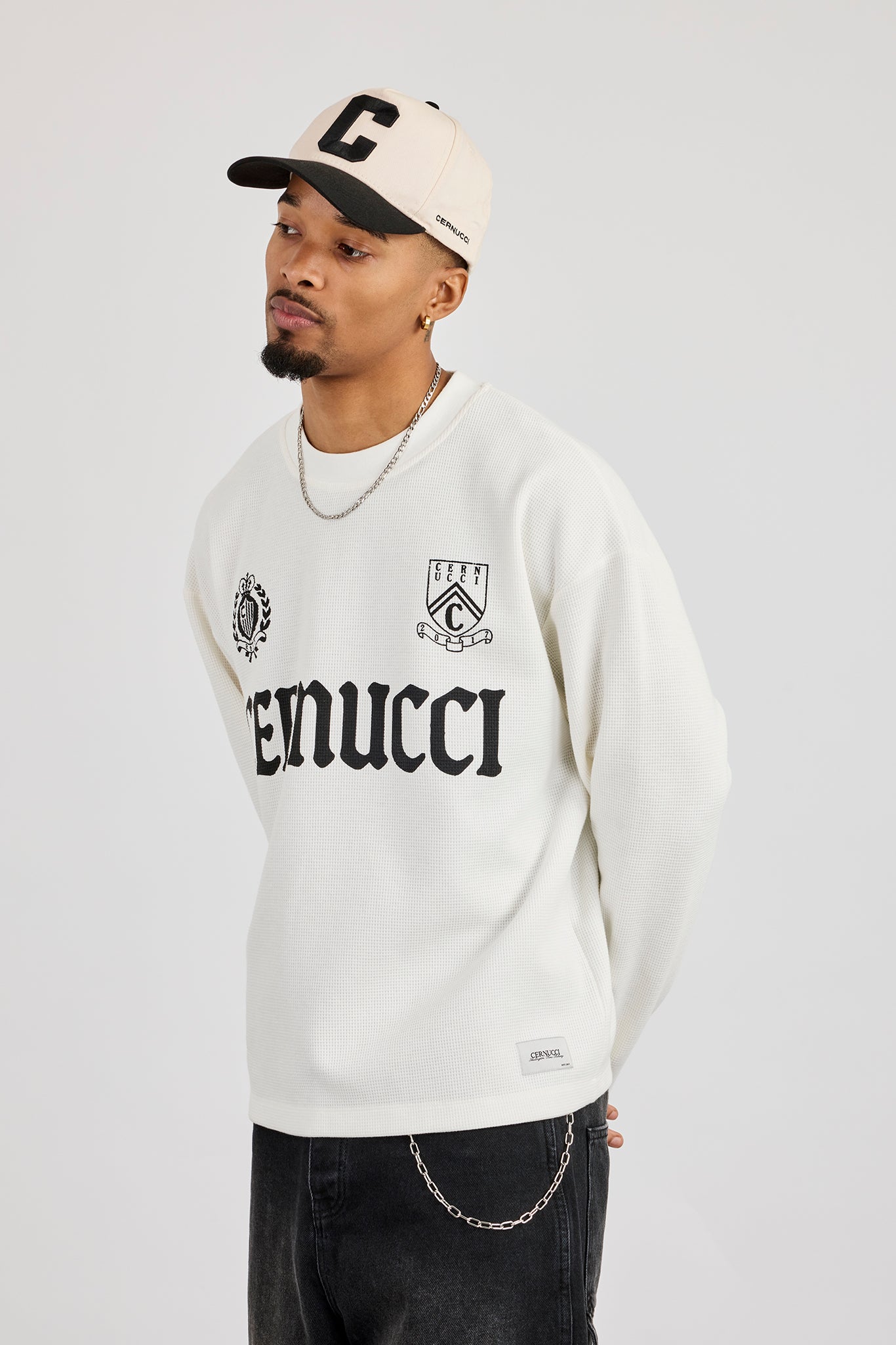 Long Sleeve Waffle Print T-Shirt - Off White