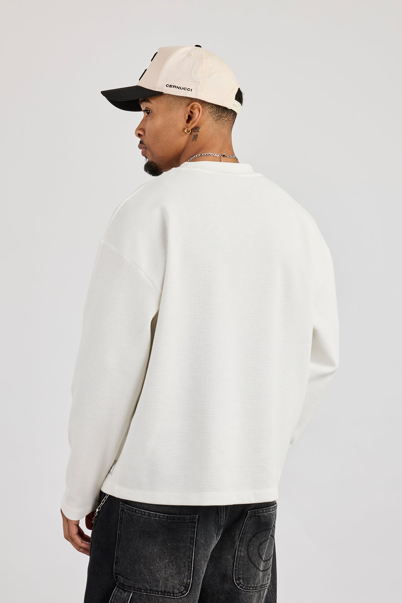 Long Sleeve Waffle Print T-Shirt - Off White | Mens Tees & Vests