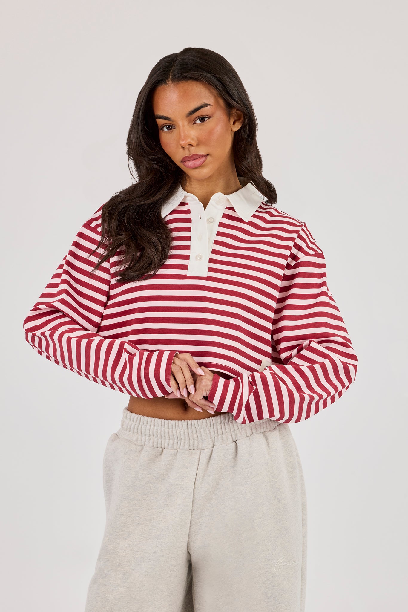 Long Sleeve Stripe Cropped Polo - Pink