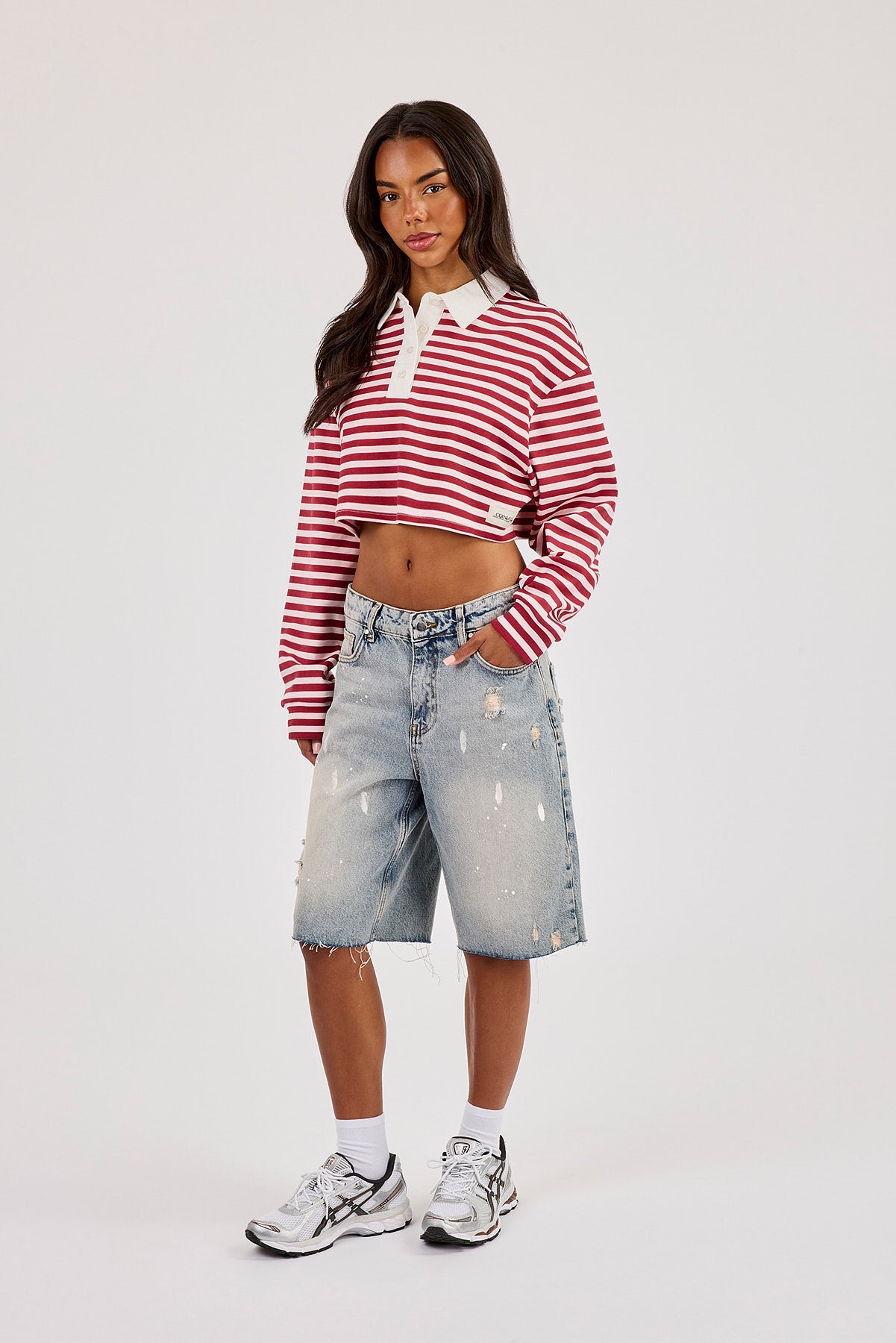 Long Sleeve Stripe Cropped Polo - Pink