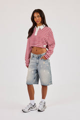 Long Sleeve Stripe Cropped Polo - Pink