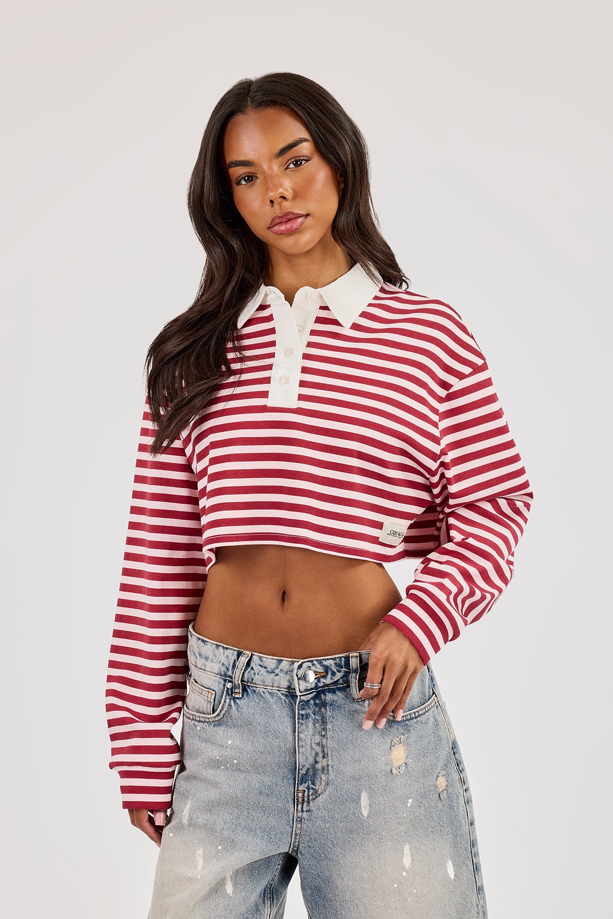 Long Sleeve Stripe Cropped Polo - Pink