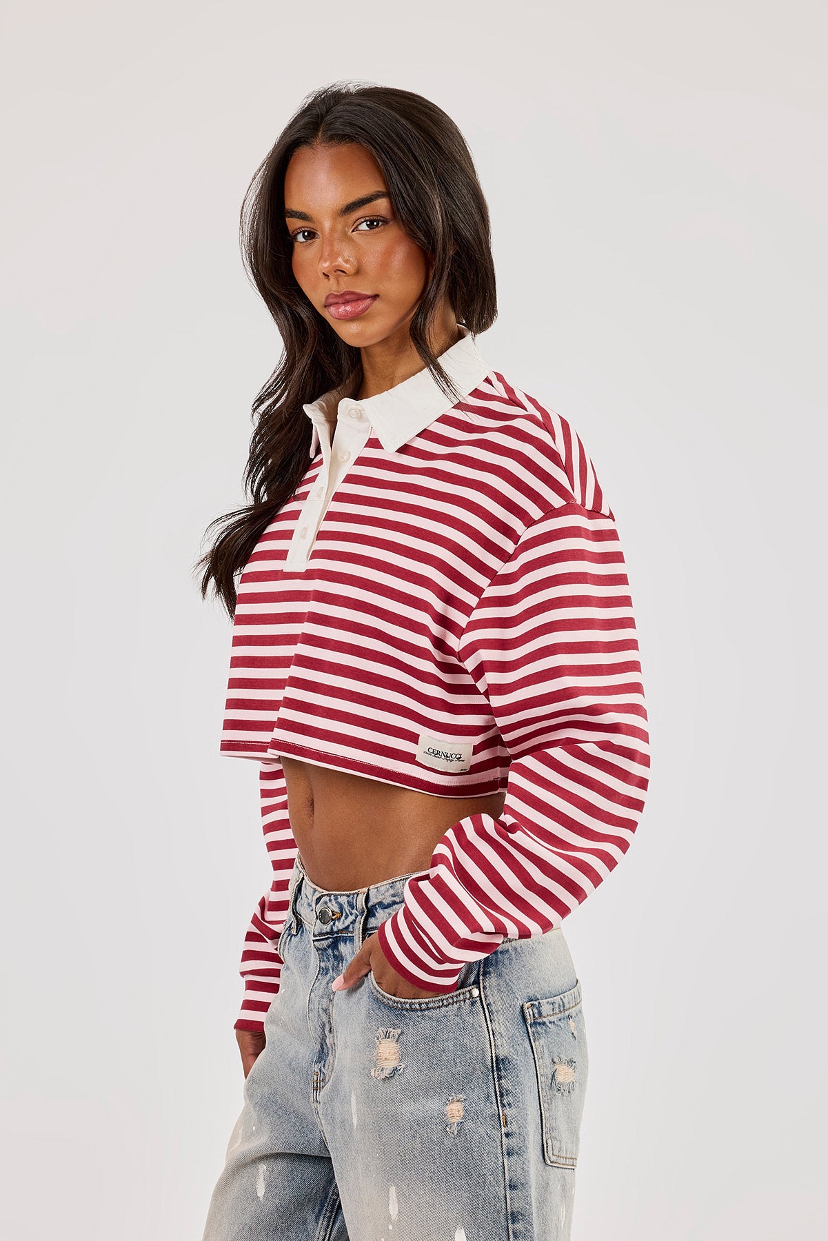Long Sleeve Stripe Cropped Polo - Pink