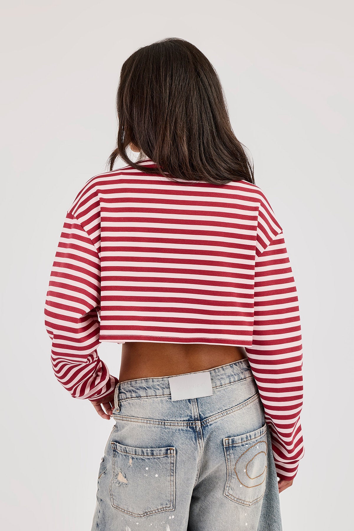 Long Sleeve Stripe Cropped Polo - Pink