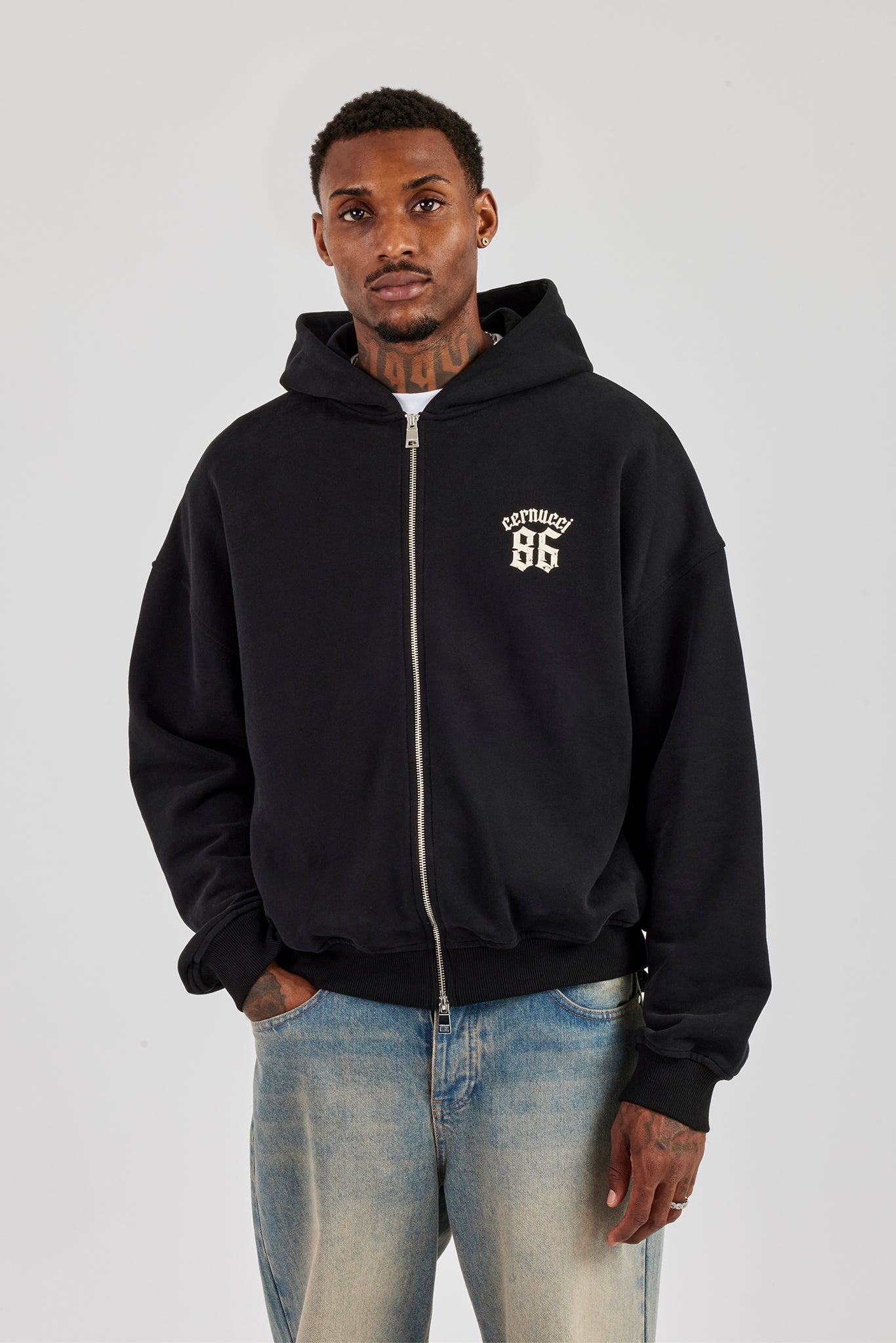 86 Back Print Zip Through Boxy Hoodie - Black | Mens Hoodies