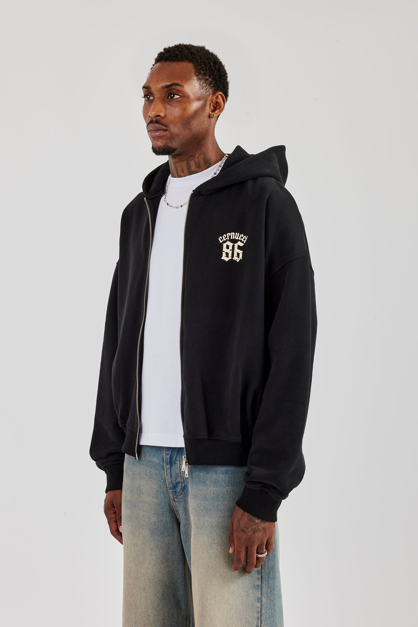 86 Back Print Zip Through Boxy Hoodie - Black | Mens Hoodies