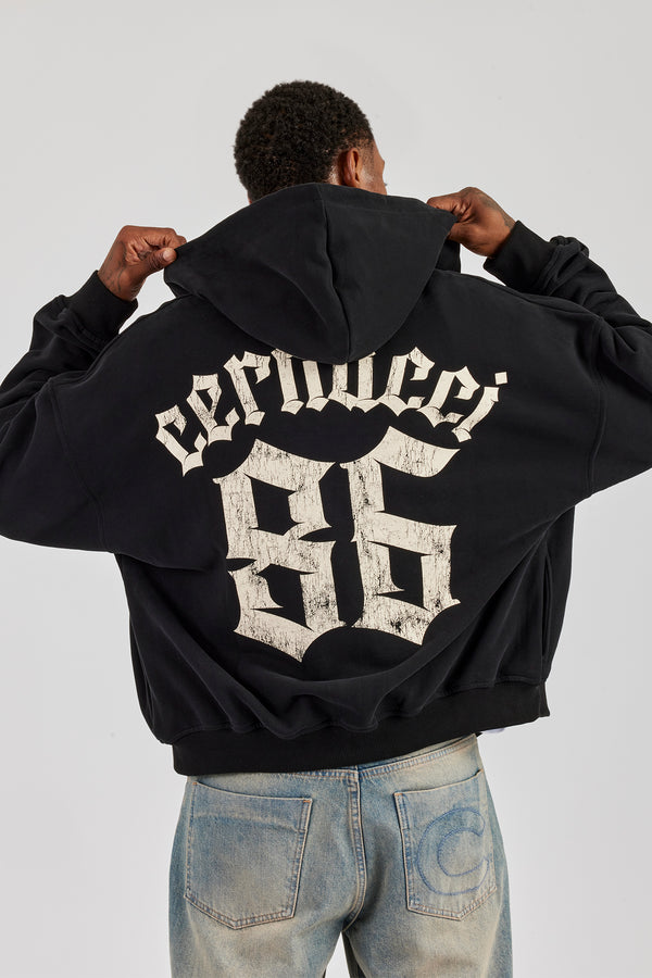 86 Back Print Zip Through Boxy Hoodie - Black