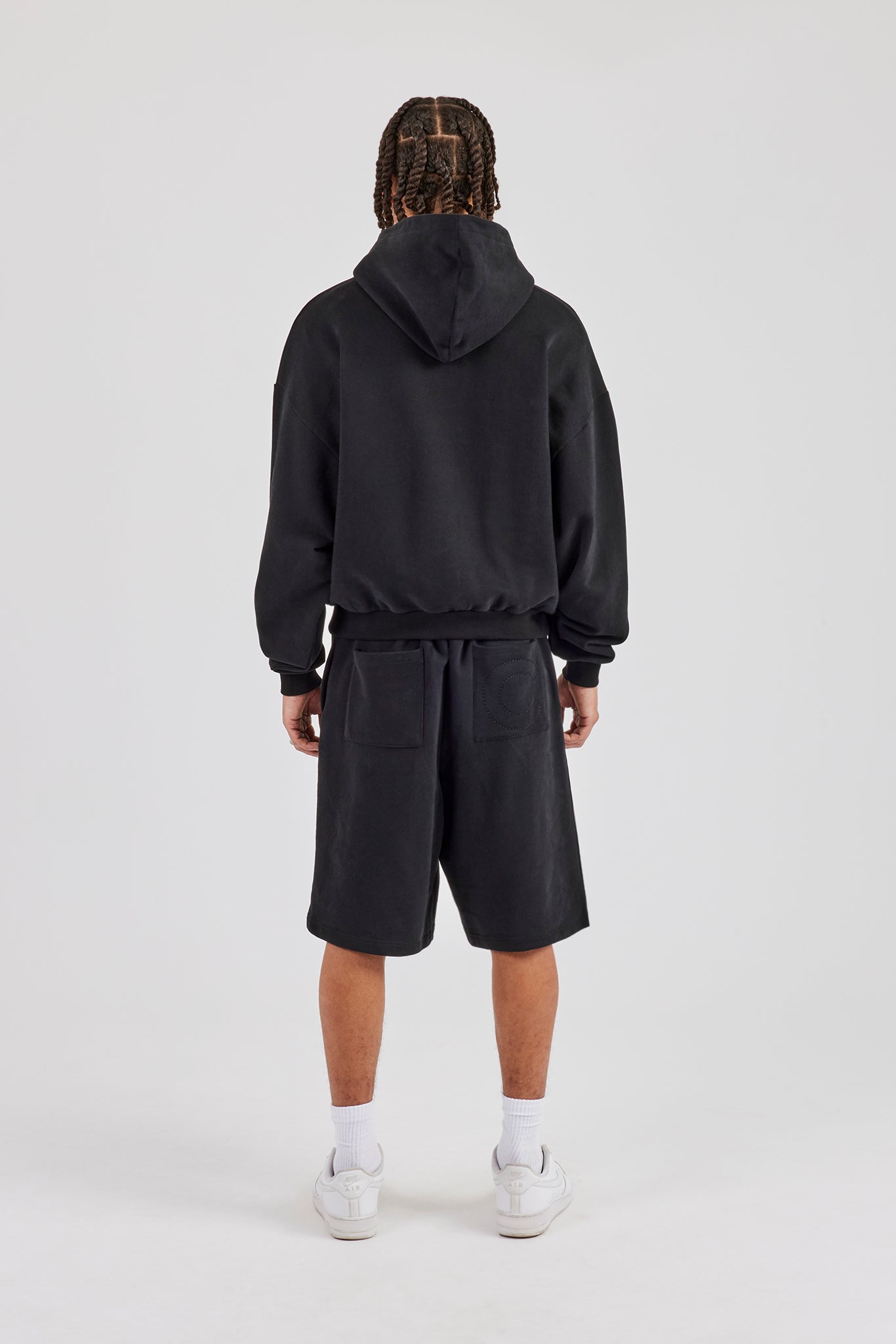 Embroidered C Boxy Hoodie & Jort - Black