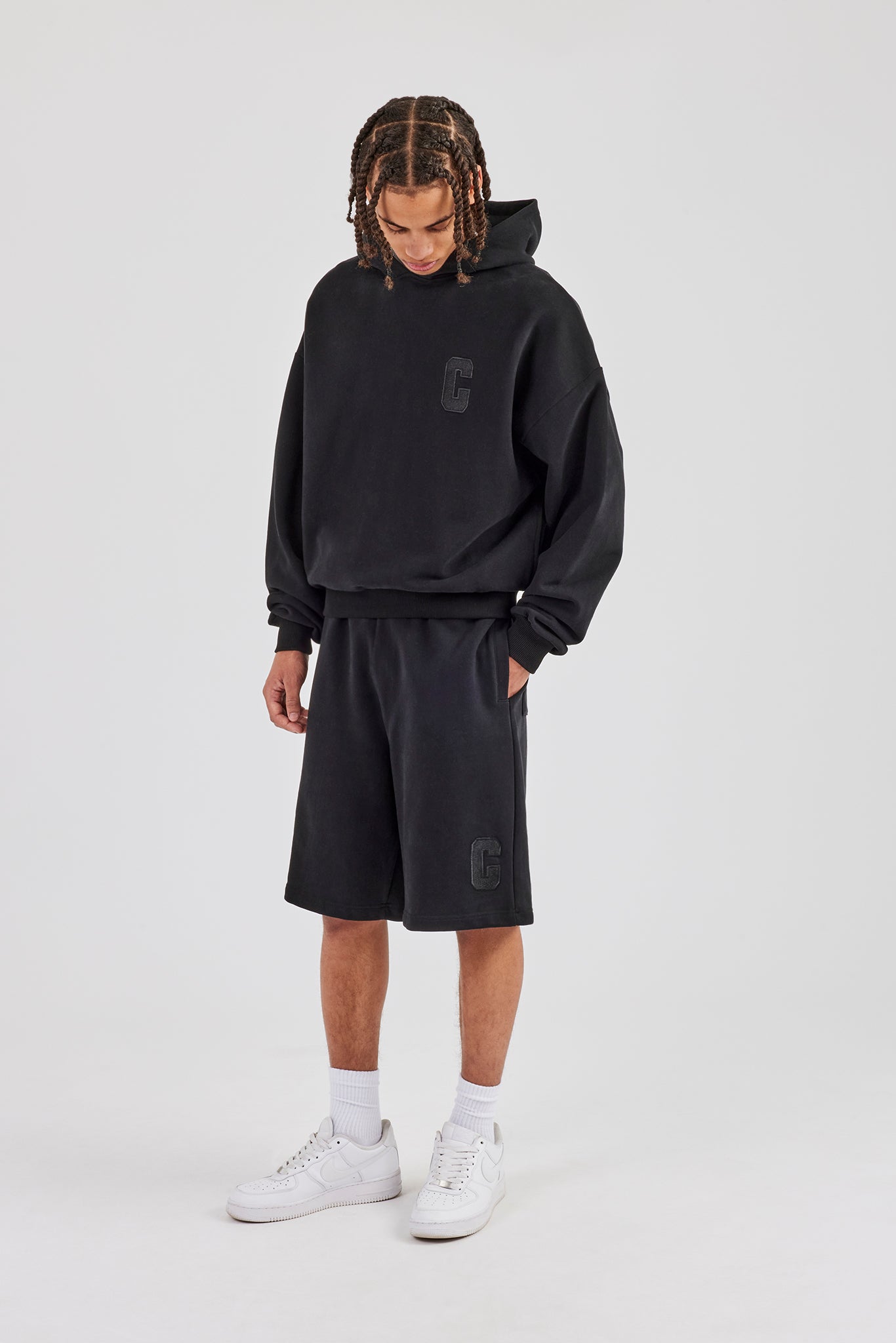 Embroidered C Boxy Hoodie & Jort - Black