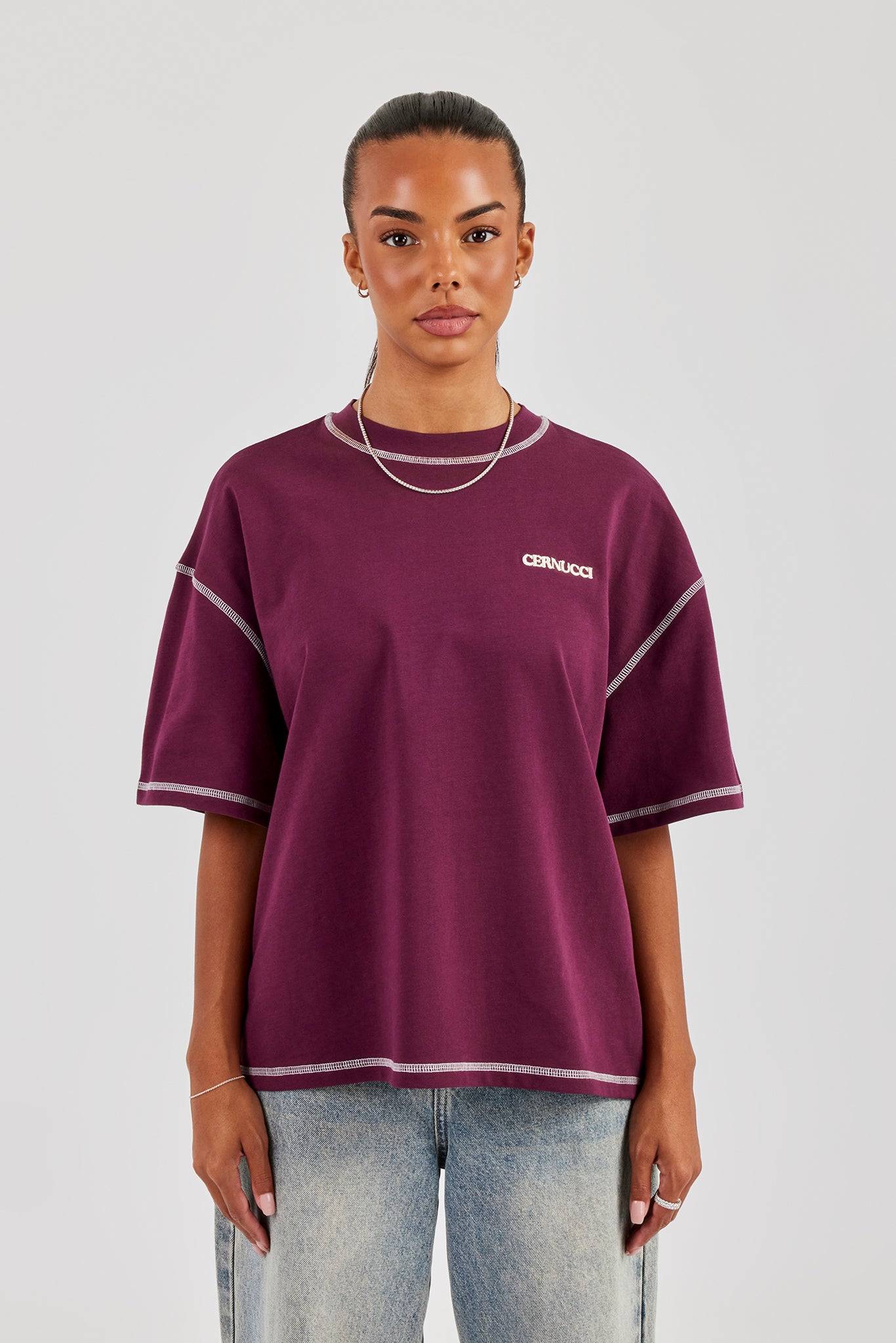 Alpes Contrast Stitch Oversized T-Shirt - Berry | Womens Tees