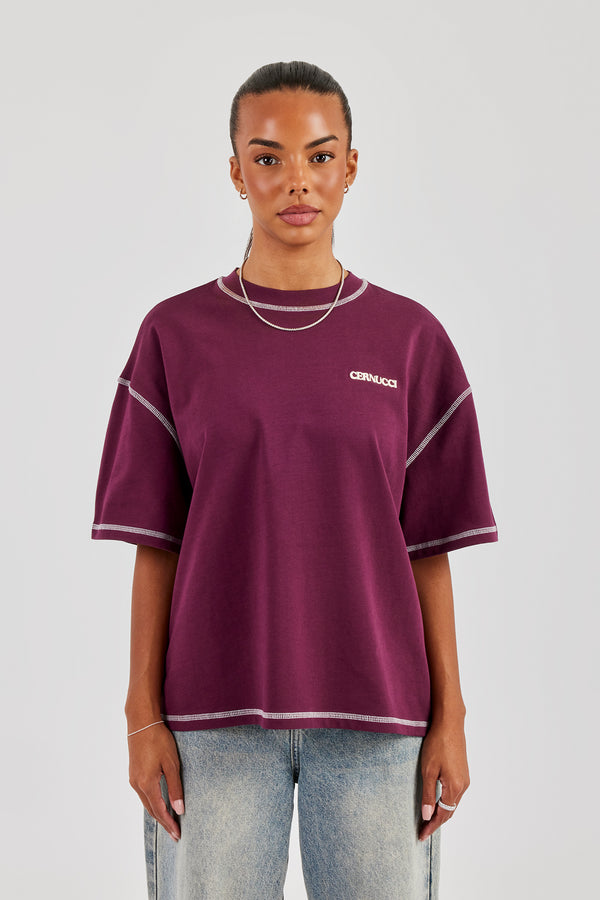Alpes Contrast Stitch Oversized T-Shirt - Berry