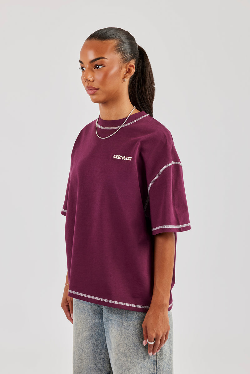 Alpes Contrast Stitch Oversized T-Shirt - Berry