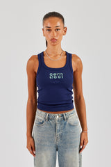 Glitter Applique Scoop Neck Rib Vest - Navy Blue