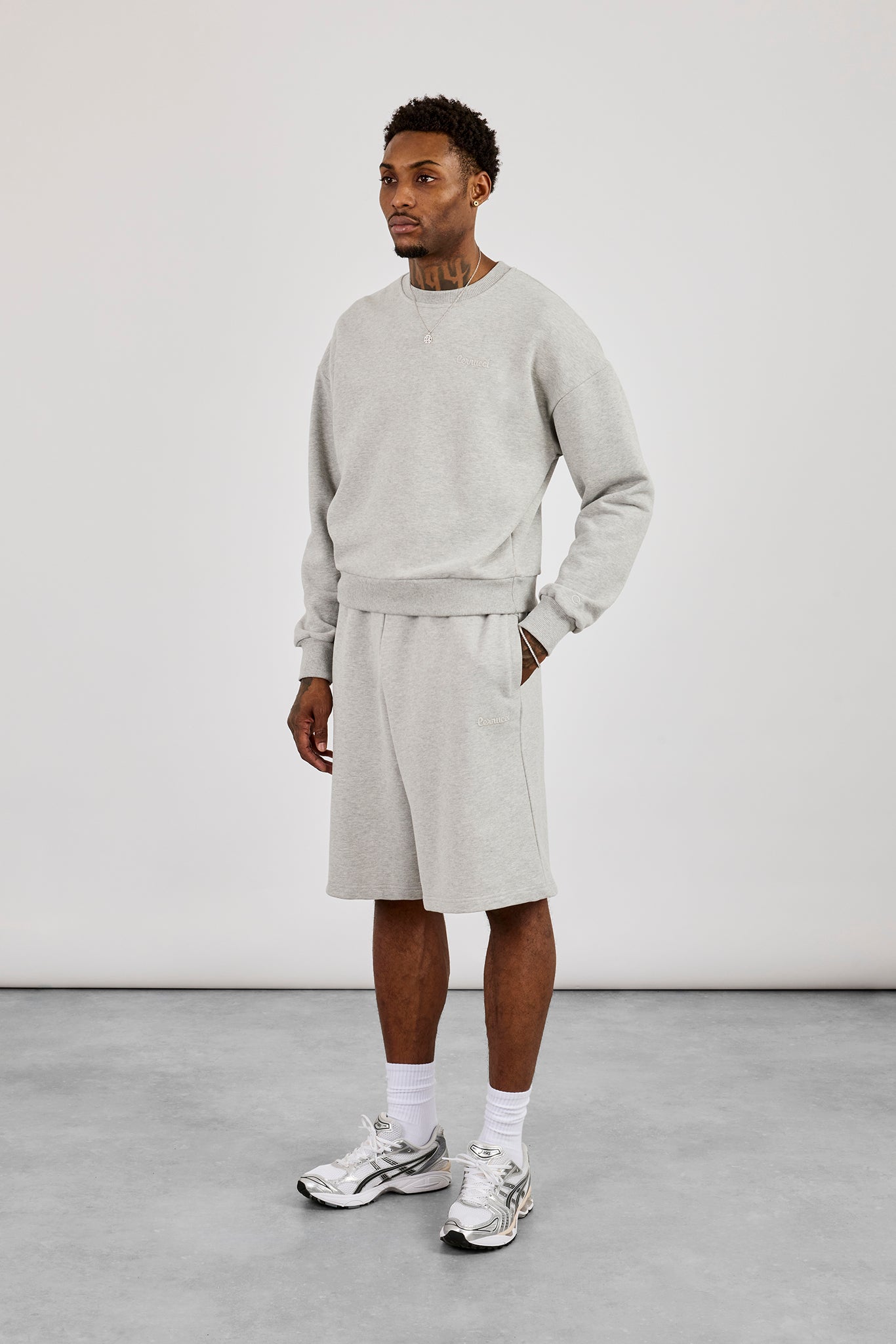 Sweater & Embroidered Jersey Jort - Grey Marl