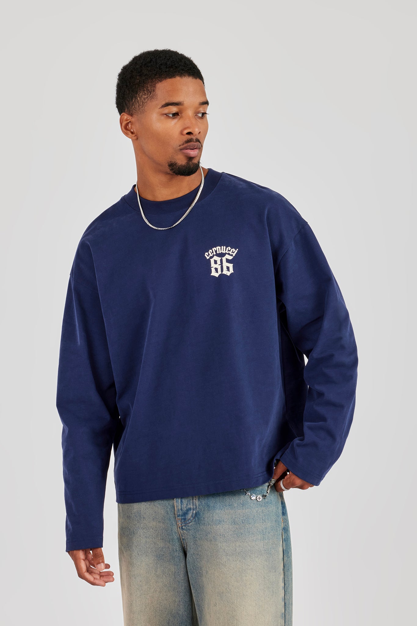 Long Sleeve 86 Back Print T-Shirt - Navy Blue | Mens Tees & Vests