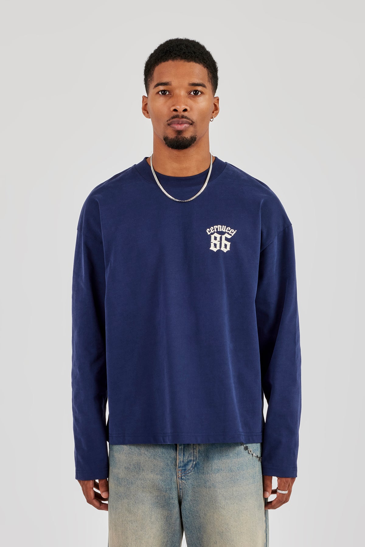 Long Sleeve 86 Back Print T-Shirt - Navy Blue | Mens Tees & Vests 