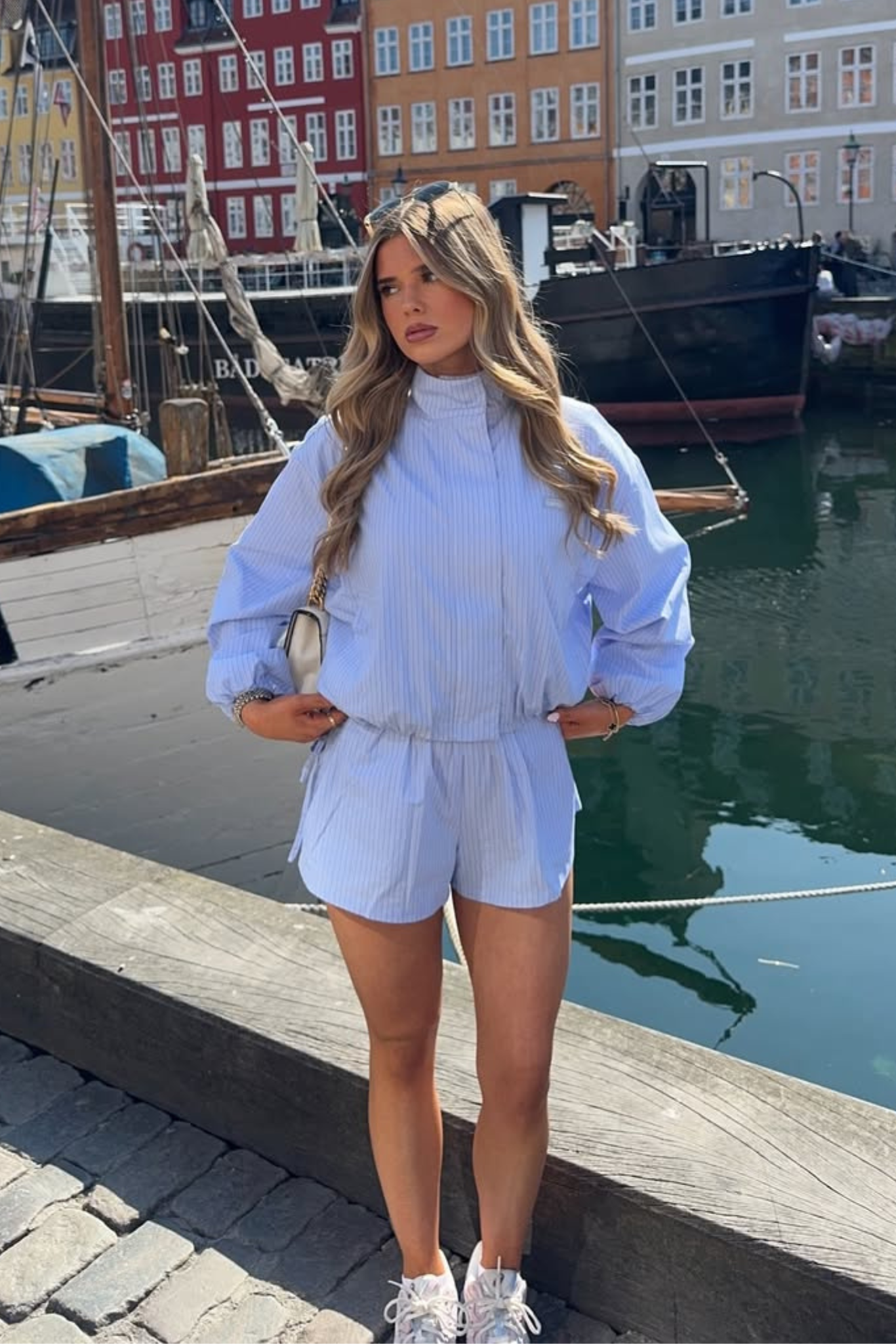 Stripe Nylon Funnel Neck Jacket & Nylon Short - Light Blue