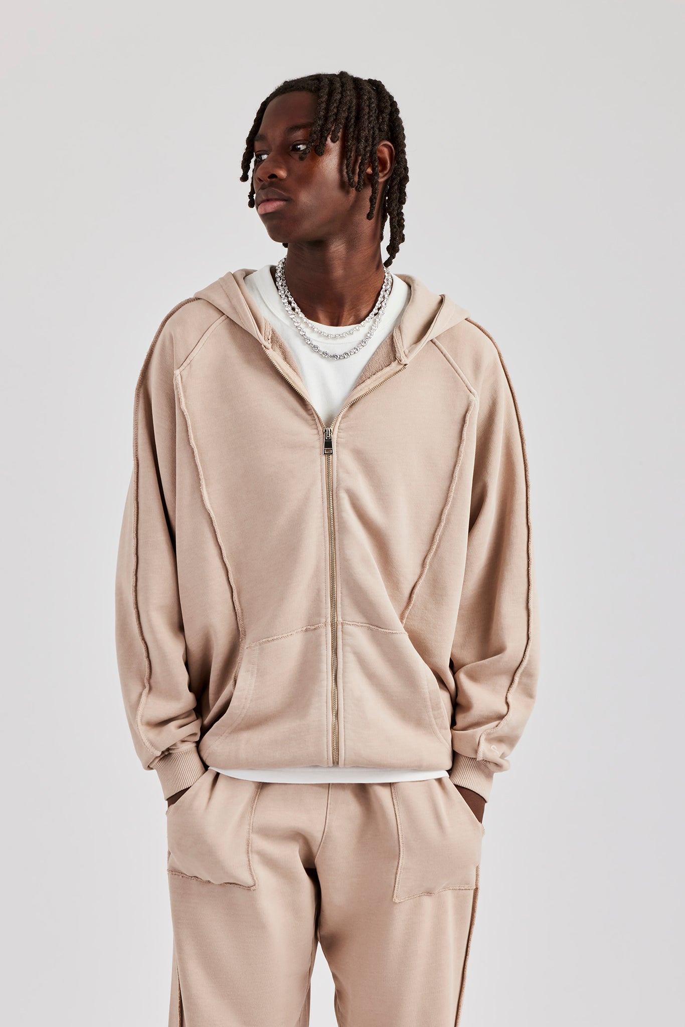 Acid Exposed Seam Zip Through Hoodie - Stone | Mens Hoodies
