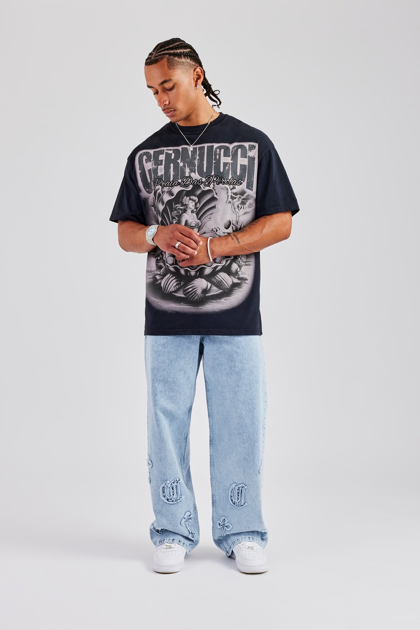 Acid Wash Praia Das Perolas Oversized T-Shirt - Charcoal | Mens