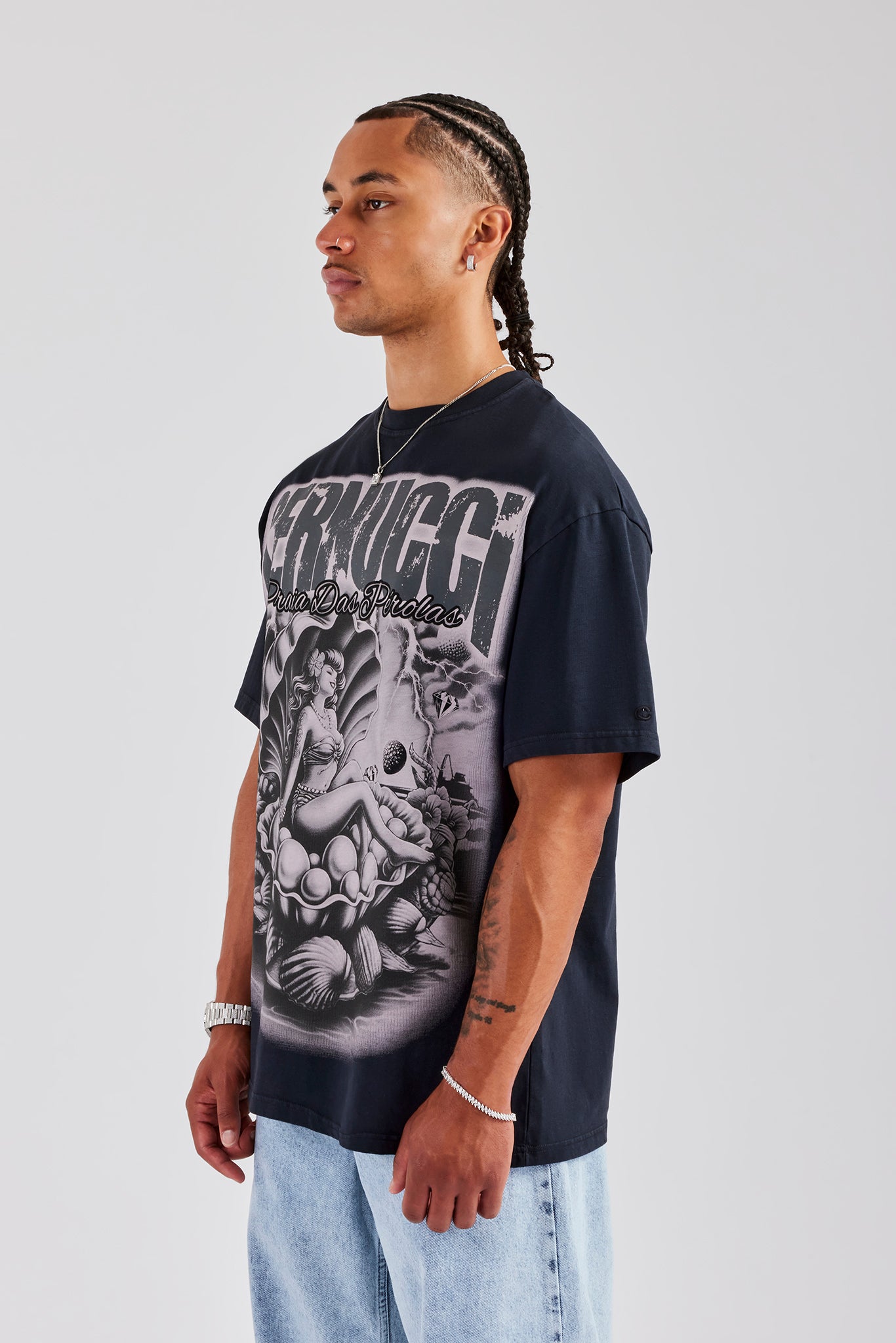 Acid Wash Praia Das Perolas Oversized T-Shirt - Charcoal | Mens