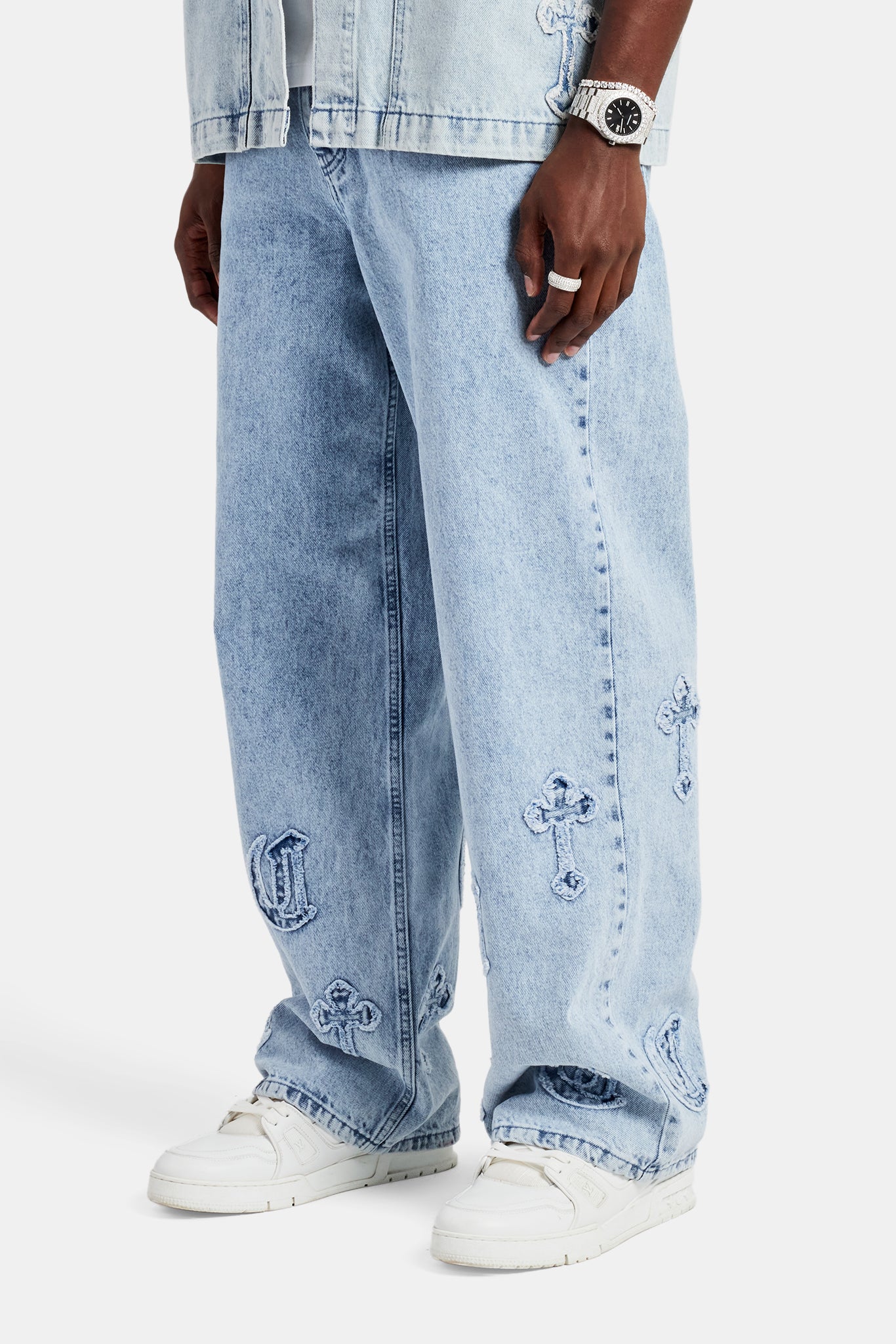 Raw Edge Applique Cross Baggy Jean - Light Blue