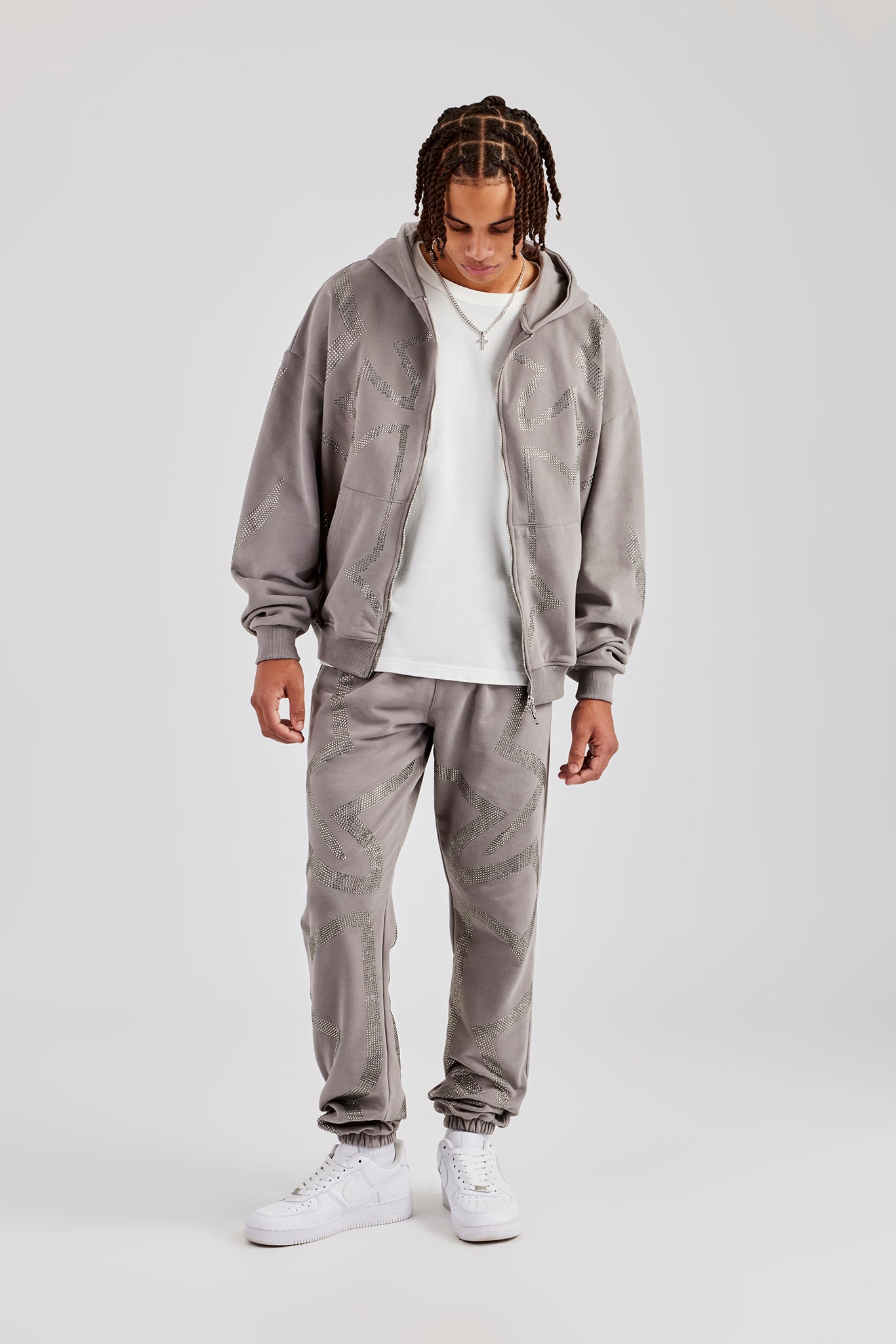 Rhinestone Cross Zip Through Tracksuit - Charcoal | Mens Sets