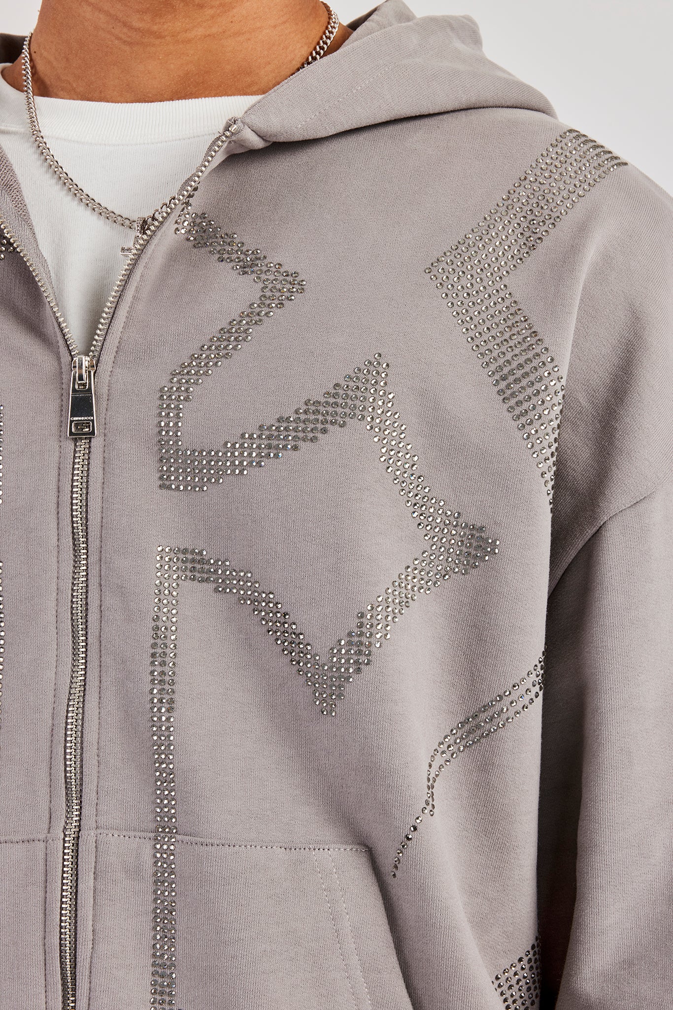 Rhinestone Cross Zip Through Hoodie - Charcoal | Mens Hoodies