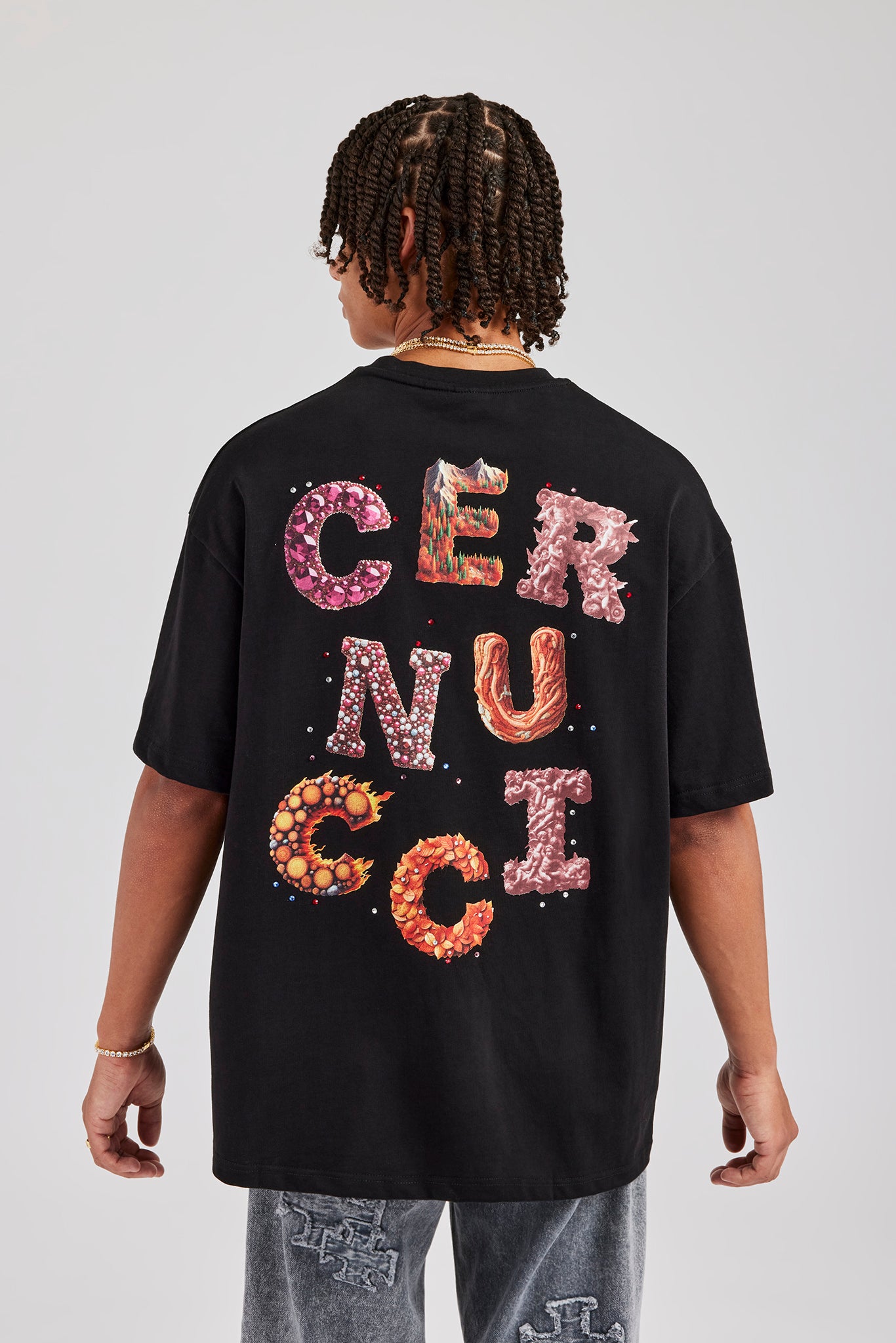 Cernucci Orange Letter Rhinestone Oversized T-Shirt - Black | Mens