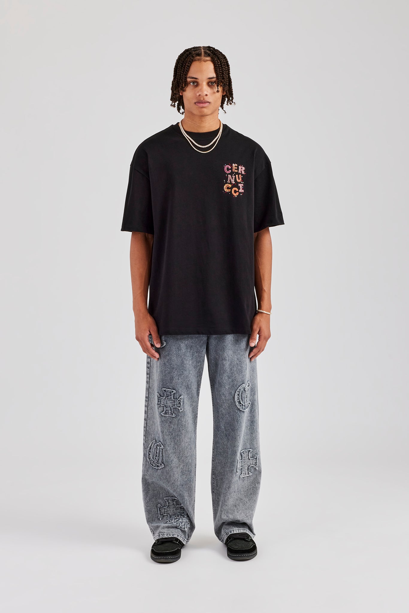 Cernucci Orange Letter Rhinestone Oversized T-Shirt - Black | Mens