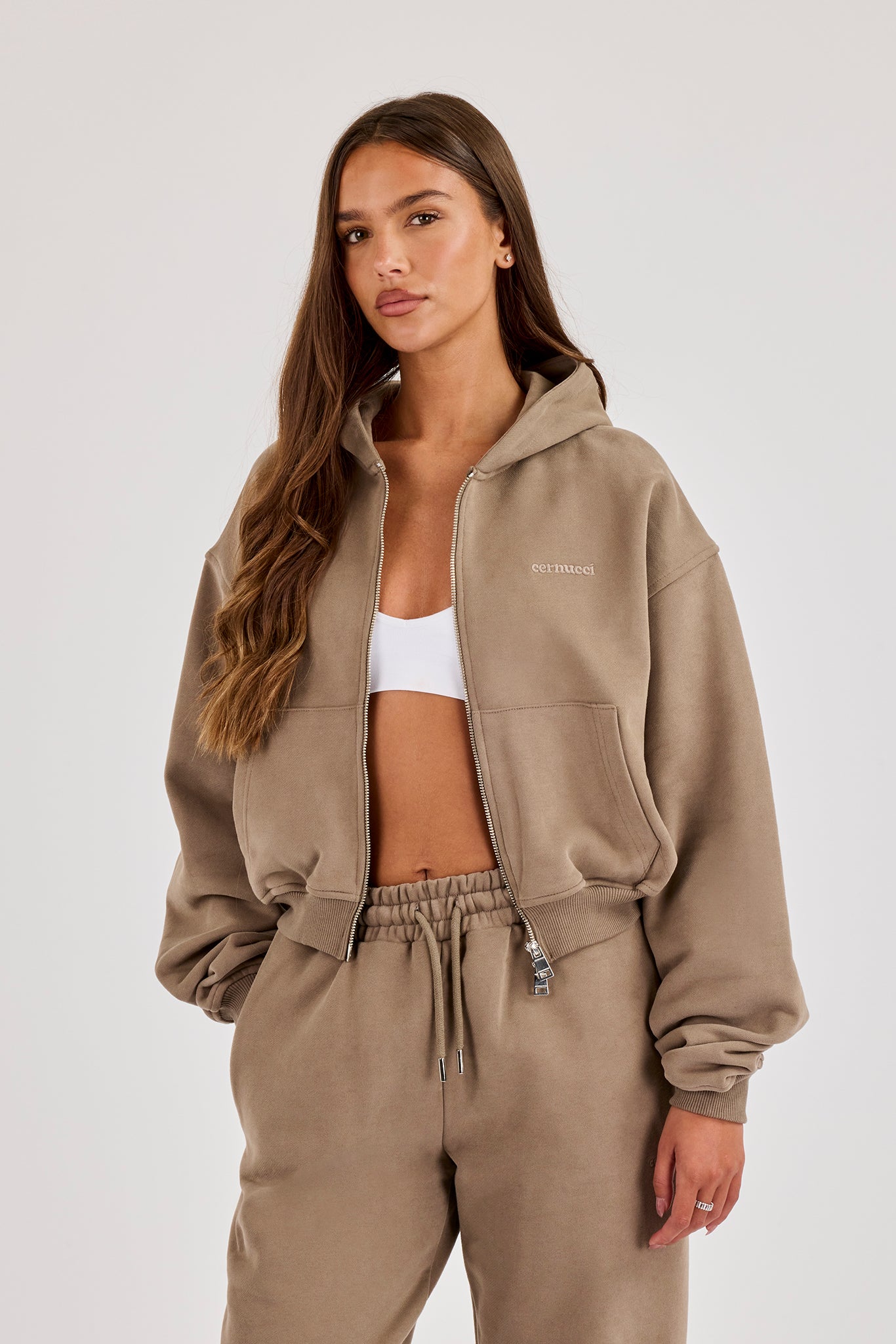 Cernucci Cropped Zip Through Hoodie - Taupe