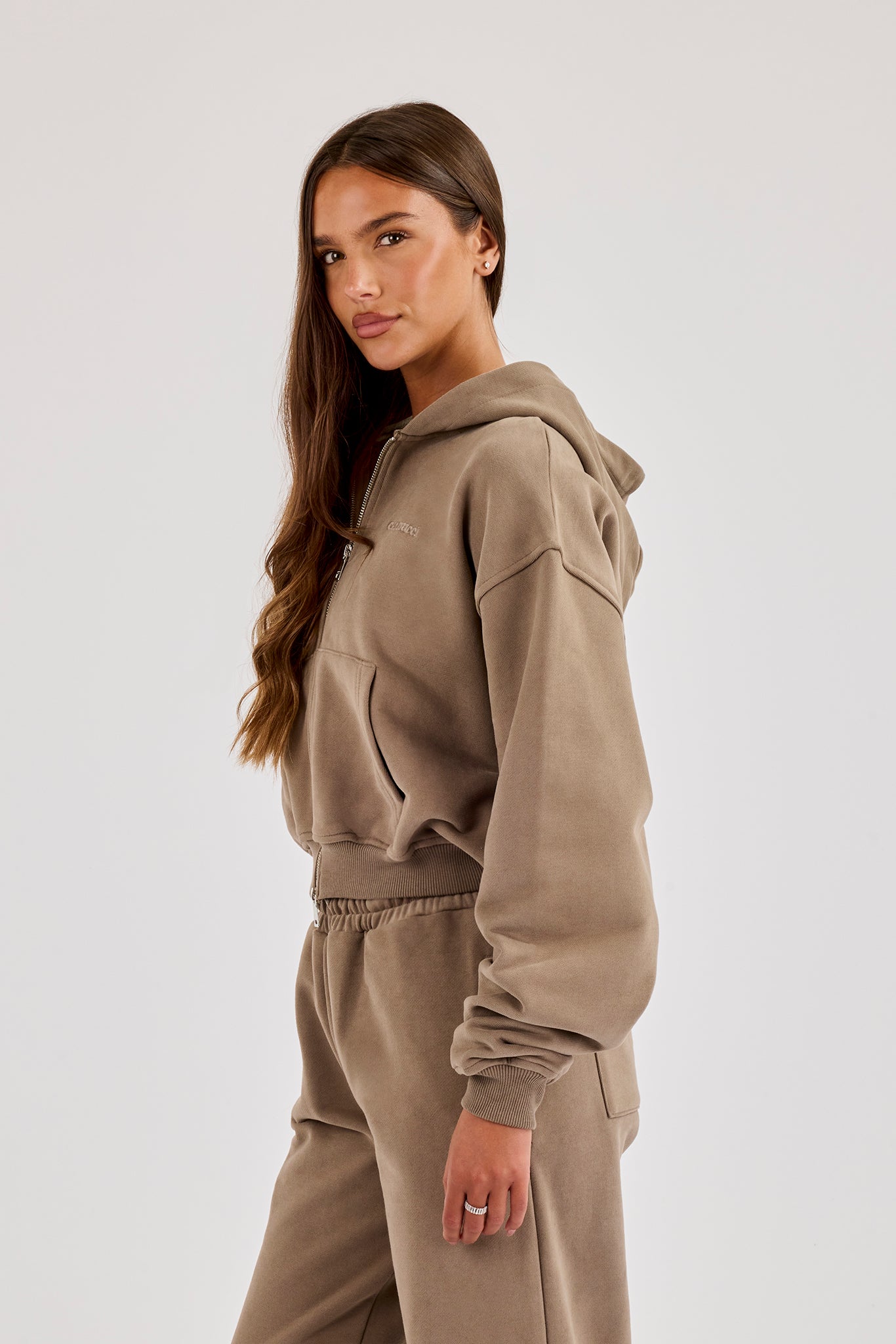 Cernucci Cropped Zip Through Hoodie - Taupe