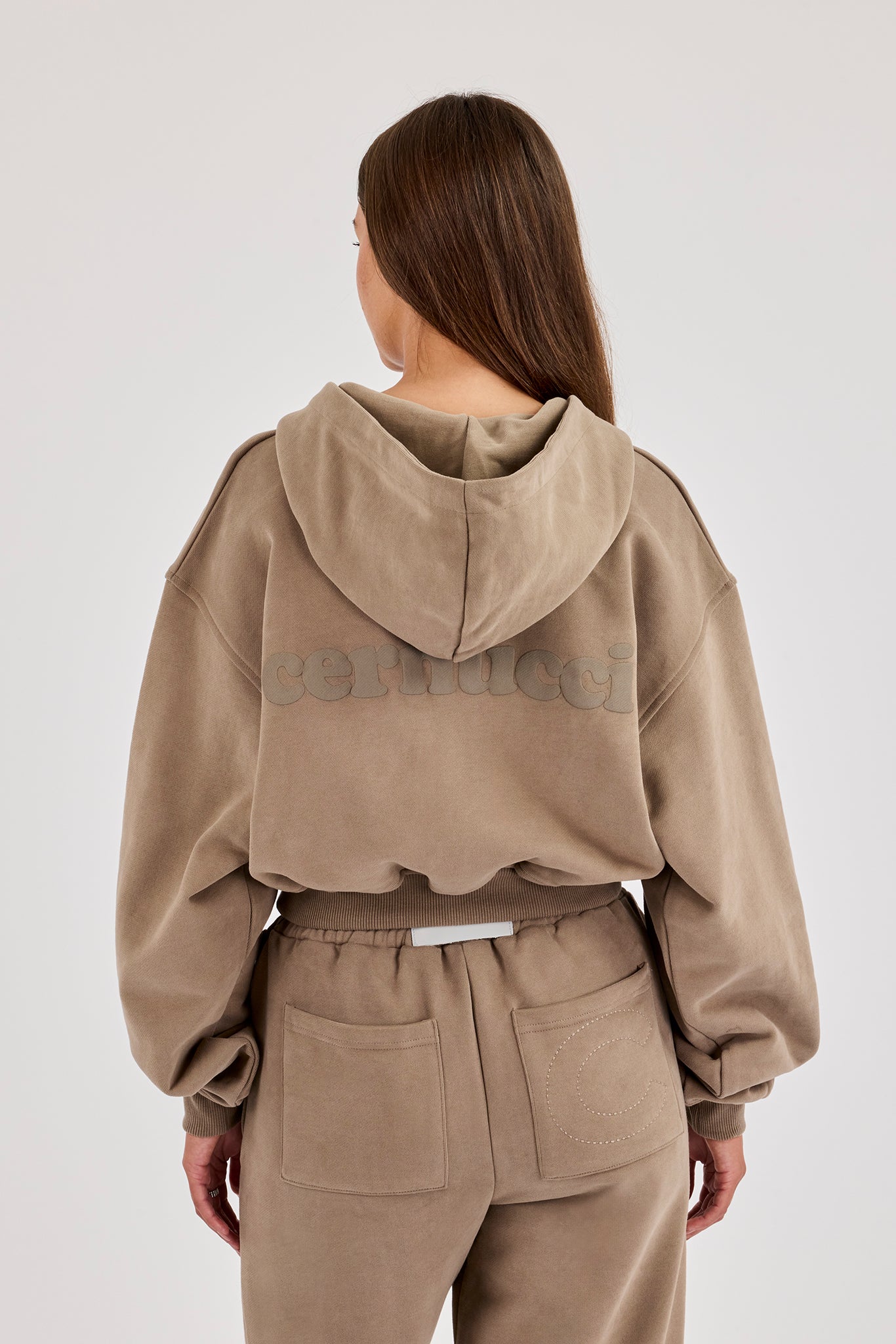 Cernucci Cropped Zip Through Hoodie - Taupe