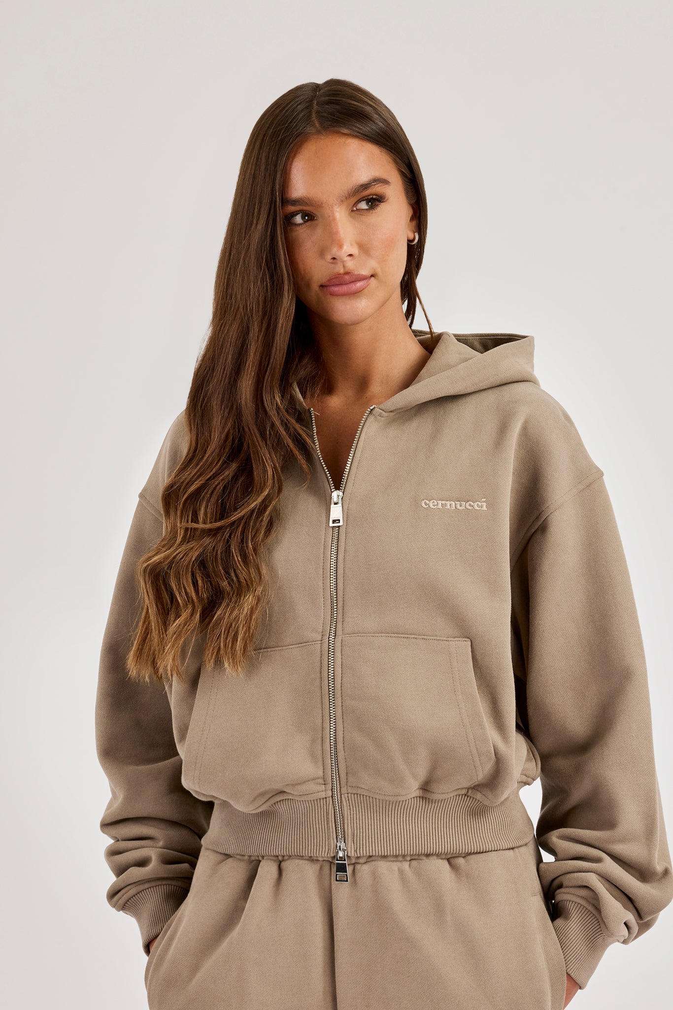 Cernucci Cropped Zip Through Hoodie - Taupe