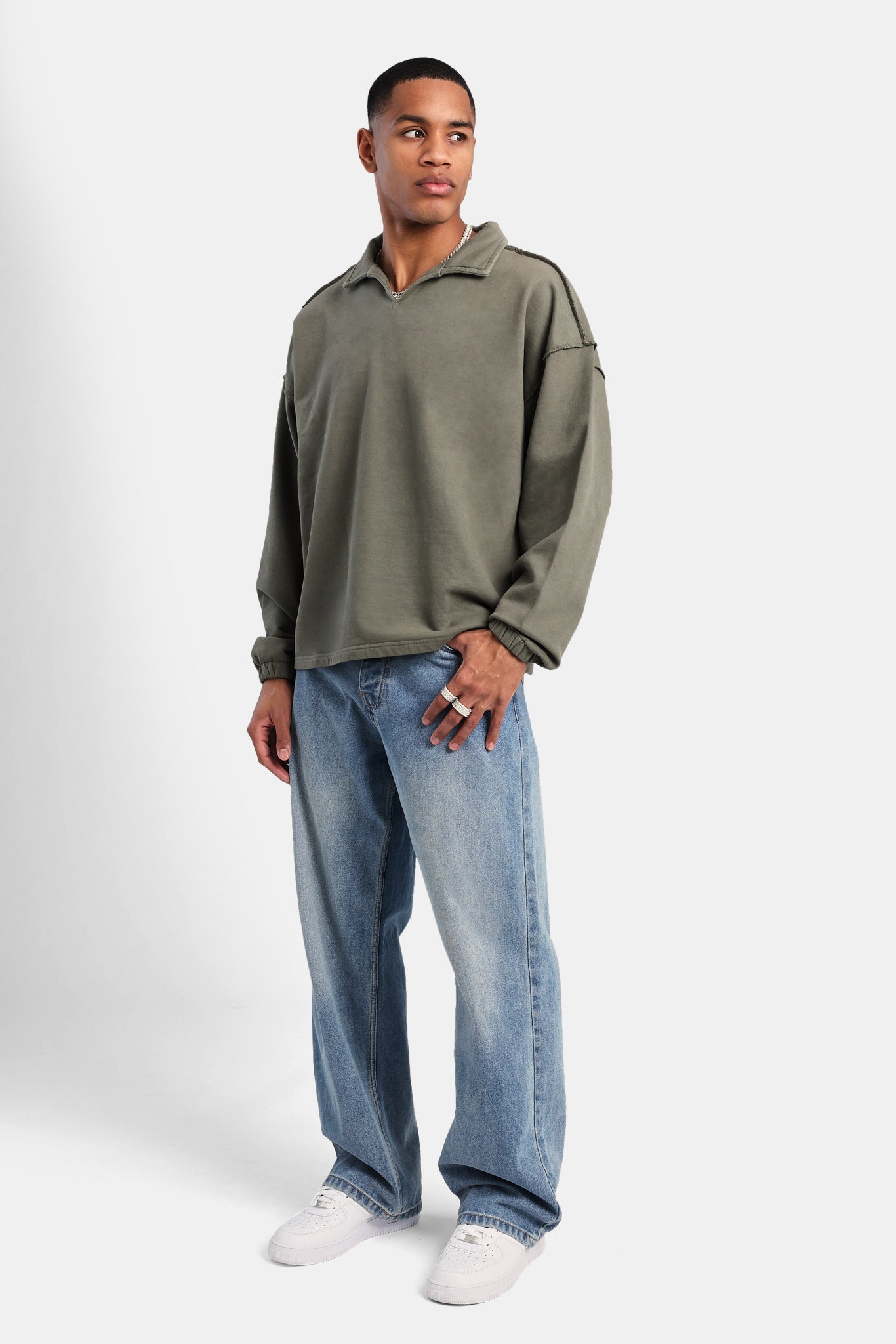 Long Sleeve Collared Sweatshirt - Washed Green | Mens Hoodies