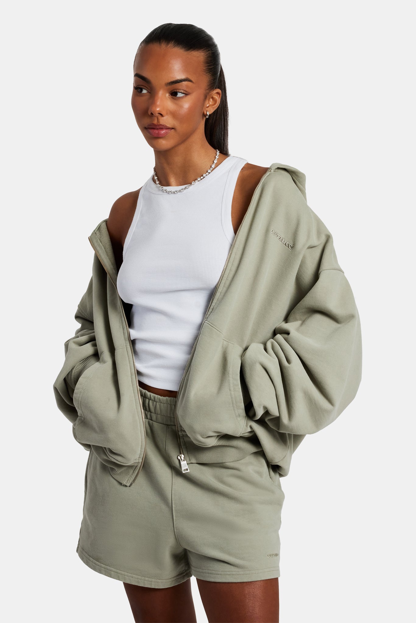 Cernucci Limited Zip Through Hoodie & Short Set - Sage | Womens